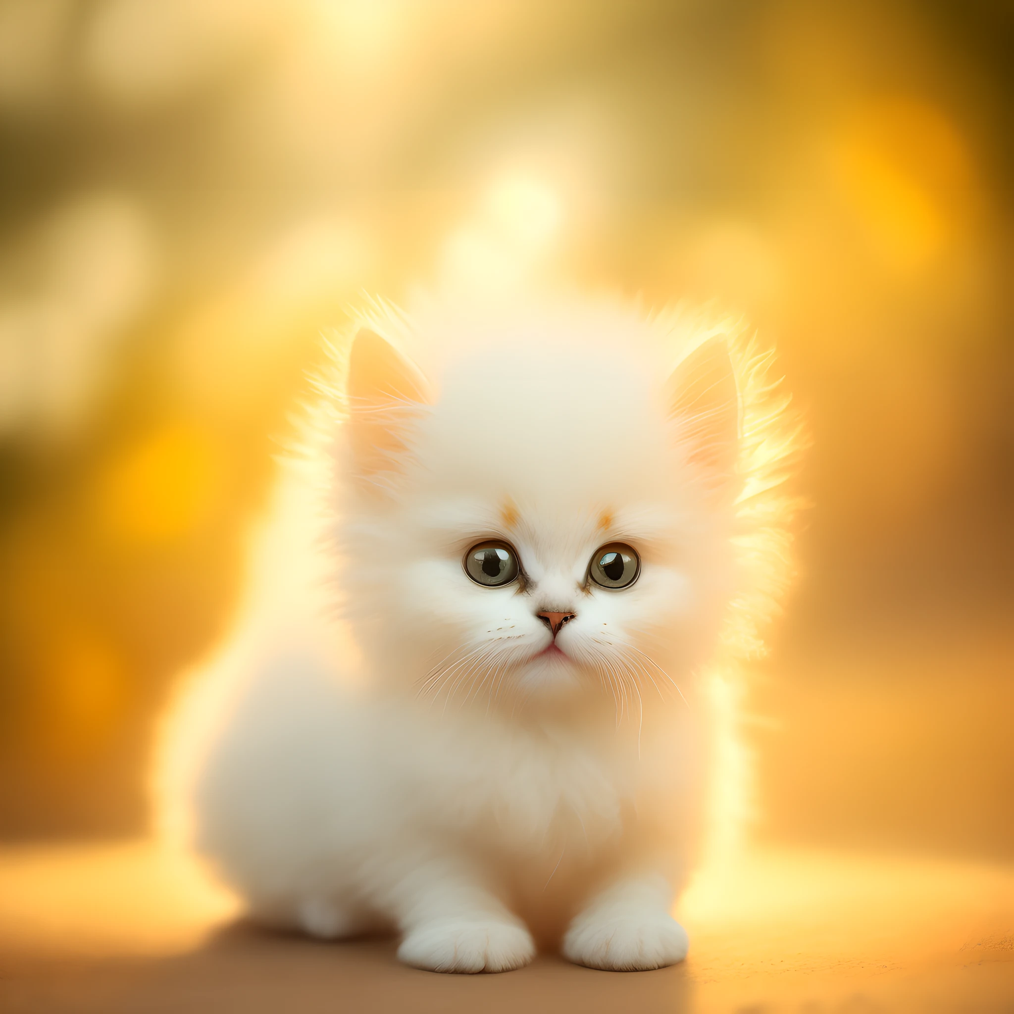 Very cute fluffy white tropical punk kitten, professional lighting, depth of field 8k, golden magic hour, professional photography, octane rendering, ultra realistic - amazing sunlight, dynamic composition, photography, sharp focus, bokeh