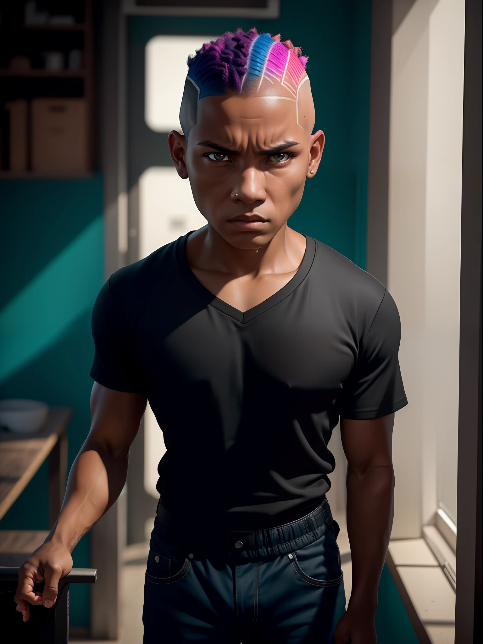 by lee jeffries Nikon D850 film Stock Photography 4 kodak portra 400 camera f1.6 rich lenses colors hyper realistic texture dramatic lighting unrealengine trend in artstation cinestill 800, Face extremely detailed, realistic, best qualified, photorealistic, Quality 8k, High ress, (1boy, in the house of 19 years, young, adolecent, student, standing, looking at the camera, shaved hair, angry, staring, combat pose), first-person view