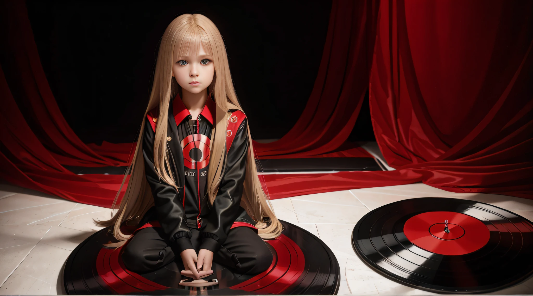 12 year old girl, long blonde straight hair, with black RED jacket and black clothes, NEXT TO THE GIRL SOFT RED LIGHT, in the photographic studio, with white infinite background, GREEN BACKGROUND LIGHT with many cds and vinyls on the floor,