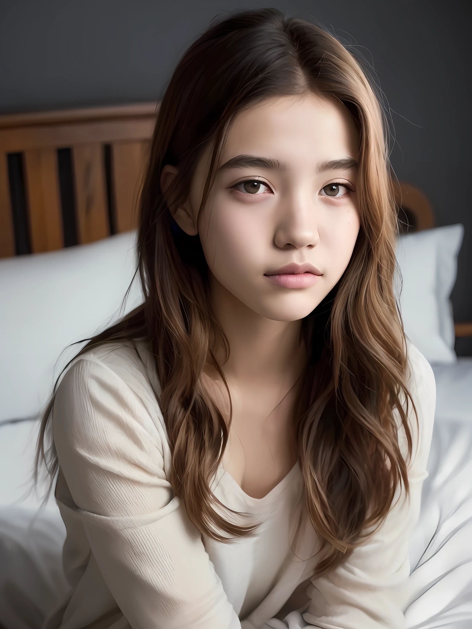 Portrait of a young girl of 18 years old Asian handsome beautiful face perfect petit teen, she is happy, very beautiful Russian, raw, in bed, (private study dark, dark and grumpy light: 1.2)