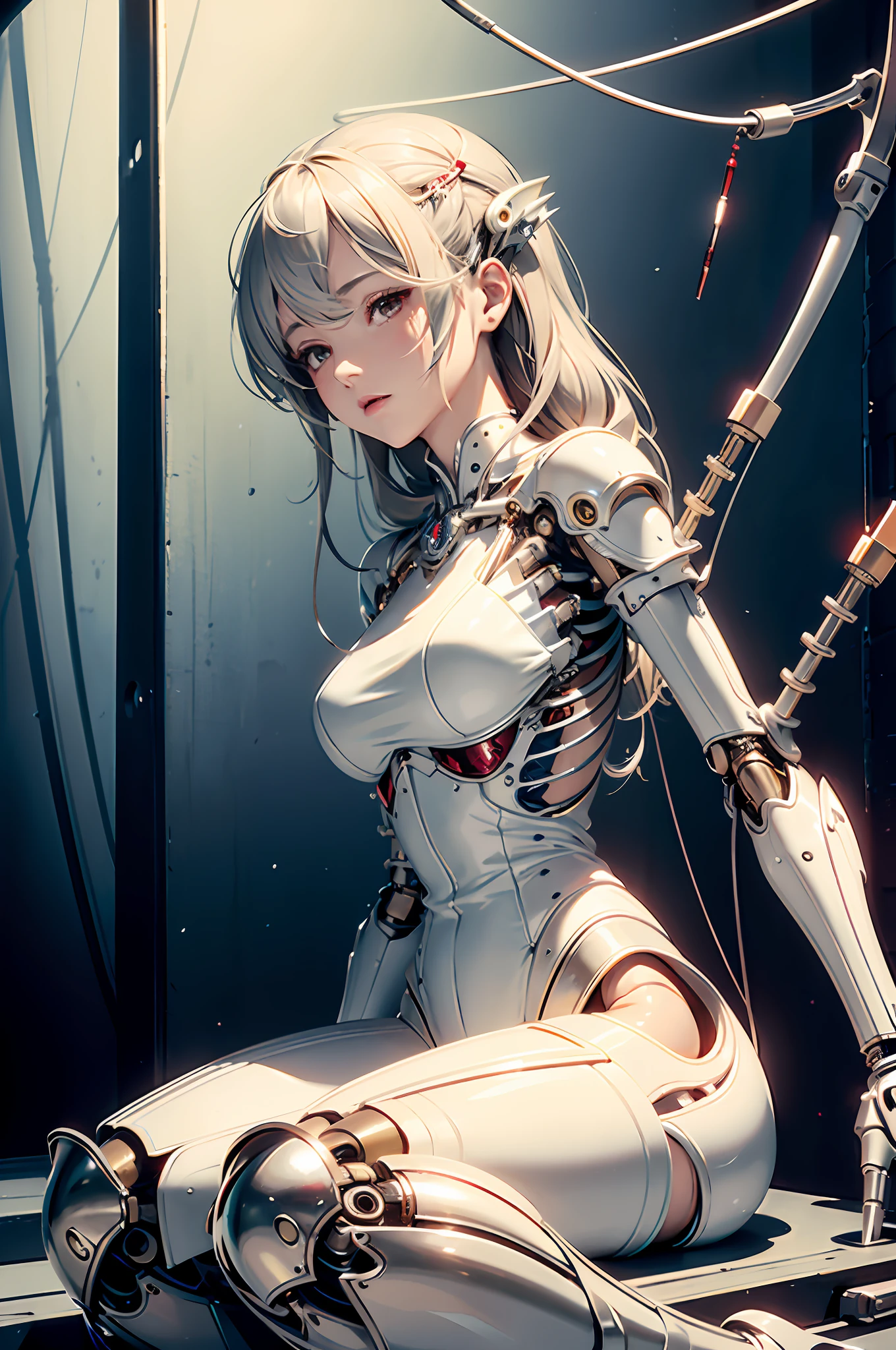 (((Masterpiece)))), (((highest quality)))), ((Ultra Detail)), (Very detailed CG illustrations), ((Very delicate and beautiful)), (Delicate and pretty face), Cinematic Light, (((1 Mechanical Girl)), Solo, Full Body, (Mechanical joints: 1.4), ((Mechanical limbs)), (Blood vessels connected to tubes), (Mechanical vertebrae attached to the back)), ((Mechanical cervical vertebrae) Attached to the neck)), ((sitting)), (wires and cables attached to the head and body: 1.5), (character focus), sci-fi,