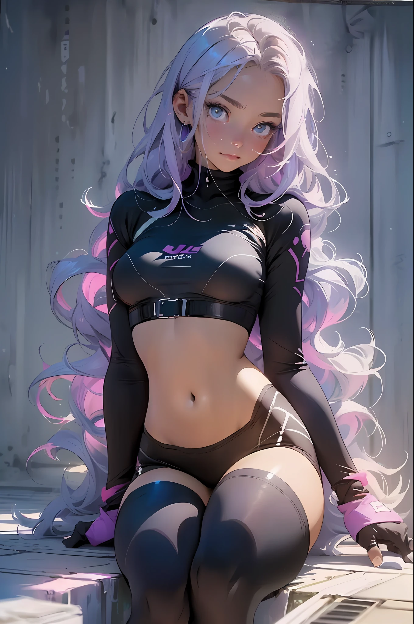 melancholy lighting, quiet, calm, brightness, masterpiece, best quality, 1girl, (JinxLol:1.2), (ultra photorealistic:1.3), (masterpiece:1.4), best quality, ((realistic)), high quality, ultra detailed, ((real image)), ((realistic skin)), ((realistic face)),(illustration:1.05), (beautiful:1.05), (beautiful detailed eyes:1.05), (cinematic light:1.1), purple and pink in the detaques, tight clothes, perfect whole body, slender silhouette, thin, small breasts, thick thighs,  black and blue clothing, white sneakers
