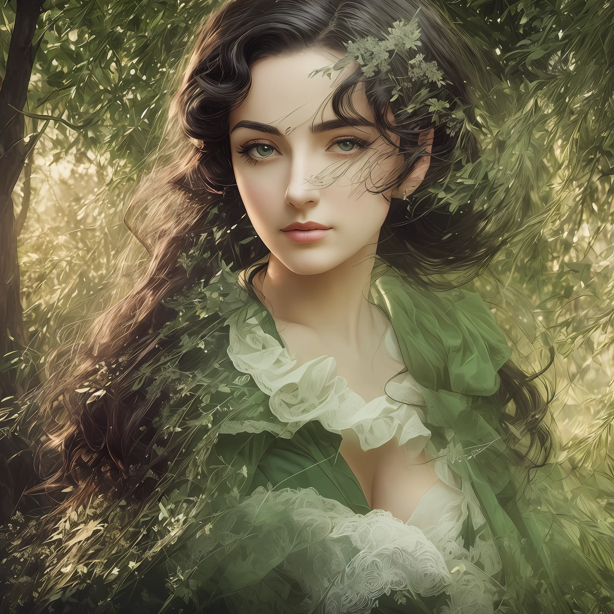 (best quality, masterpiece), english era regency adult woman, pose, particle, upper body, simple natural landscape background, looking at viewer, black hair, dark green eyes, backlit, rimlight, sunrise colored day, beautiful artwork, perfect composition, english riding black costume, scarlett ohara