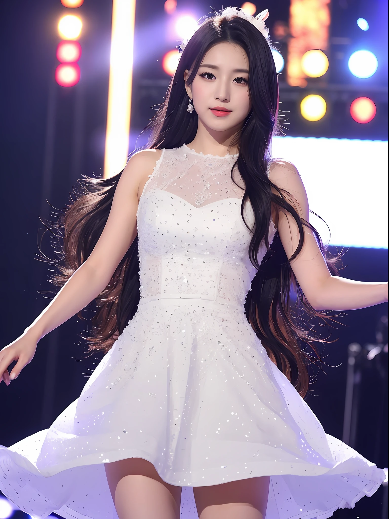 Japanese girl idol dress white and spectacular and elegant beautiful long hair elegantly and tenderly decorated and smooth black and black eyes day on stage looks so spectacular