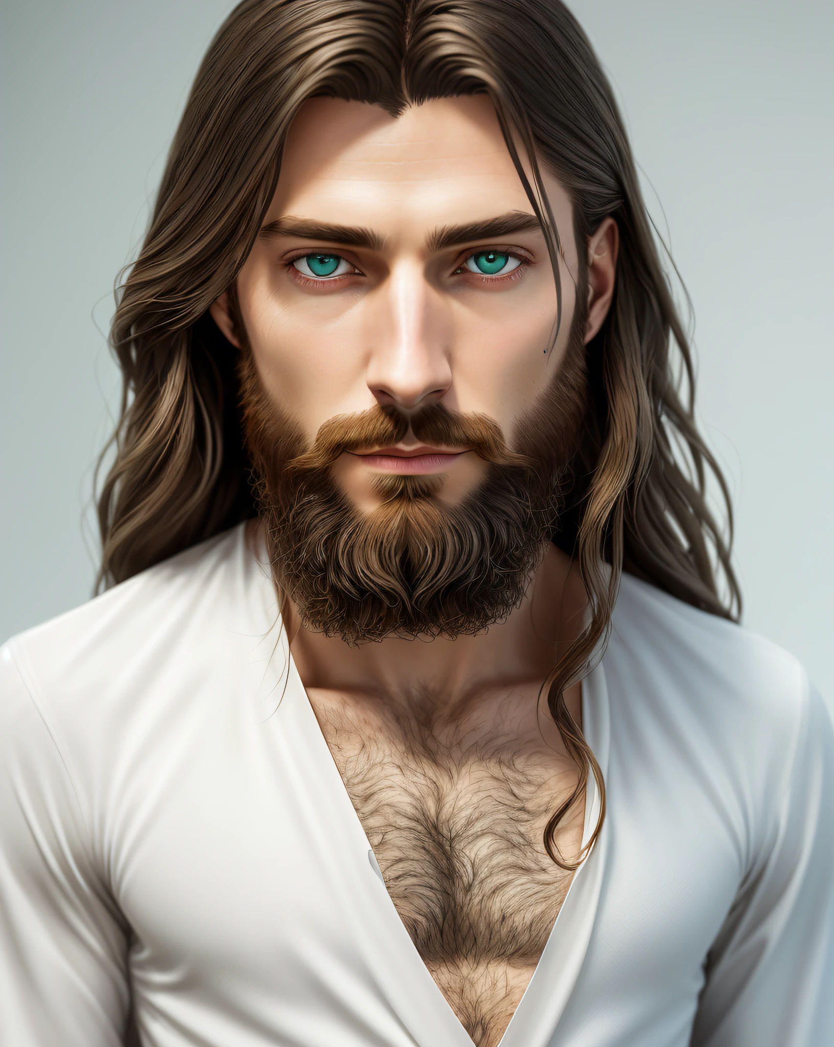 (symmetry), centered, a (((near)) portrait from above, (Jesus), a very thin man, with long hair and beard, green eyes, wearing a long white tunic, 35mm, natural skin, clothing details, 8k texture, 8k, insane details, complex details, hyperdetailed highly detailed, realistic, soft cinematic light, HDR, sharp focus, ((((cinematic visual)))), intricate, elegant, highly detailed