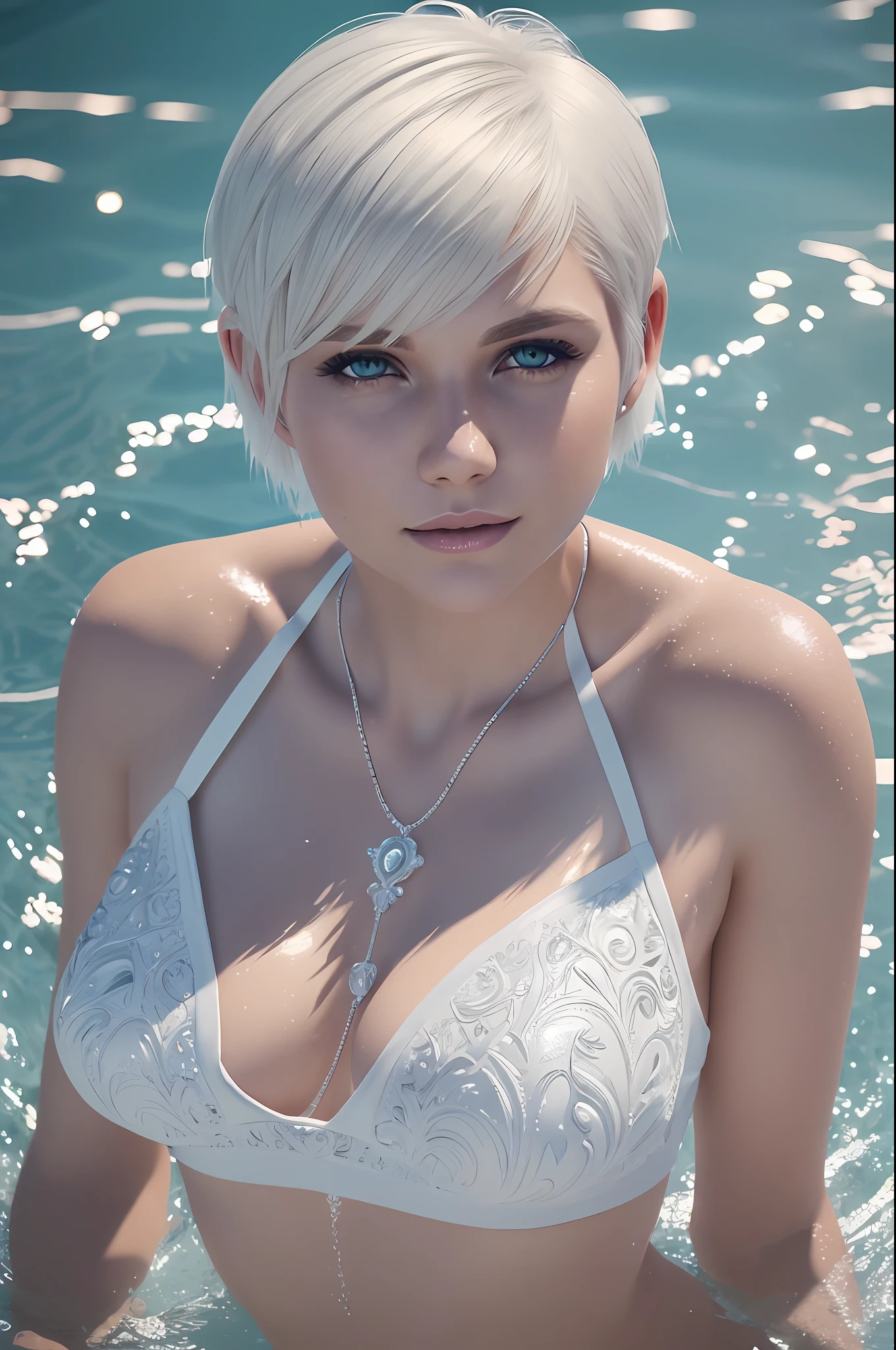 (((sfw))), beautiful white swedish blonde womanin a white dress floating in the seawater. 25 years old, platinum hair, short hair, (((pixie cut))), devil smile, azure eyes, big ass, sexy abs, (masterpiece:1.2) (photorealistic:1.2) (bokeh) (best quality) (intricate details) (8k) (high poly) (ray tracing) (cinematic lighting) (sharp focus) (detailed face) (detailed pupils)