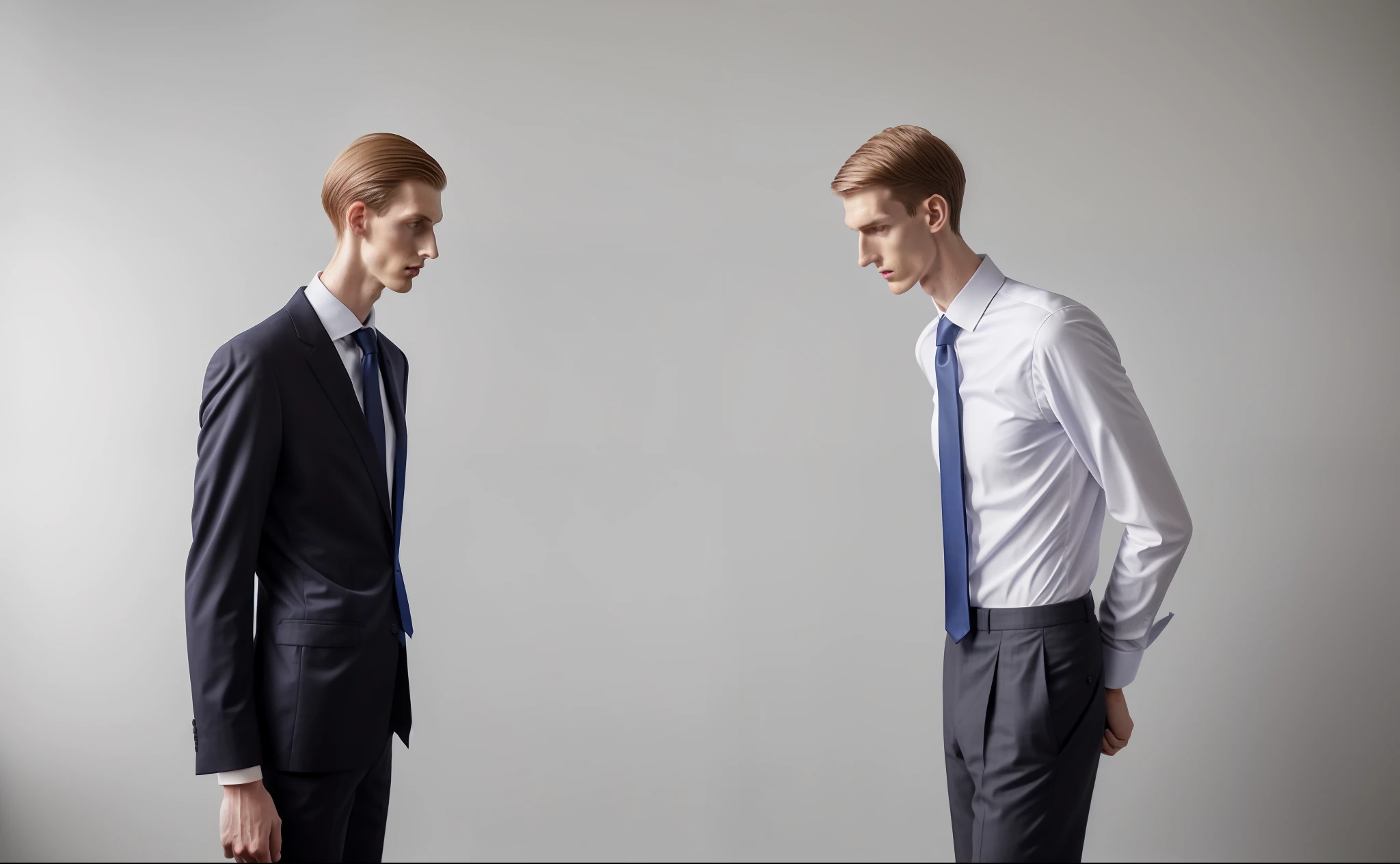 There is a man next to a boy in a dress shirt and tie, unsplash, hyperrealism, tall man, very tall, tall and thin figure, tall and small, tall and thin, very very tall, very thin and tall, very very tall, very tall and thin, very tall and thin
