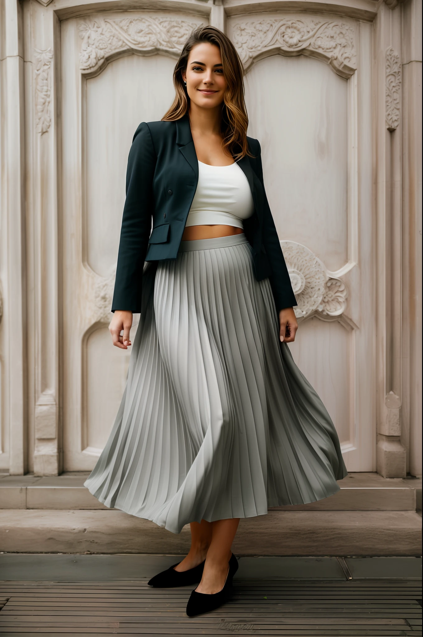 35mm f1.4 Kodak portra 400 photograph, extremely high quality RAW photograph, (a therapist is going to lovingly breastfeed you while wearing a long skirt:1.2), (shy) authentic (kind and tender) lesbian woman wearing a short blazer with a very very detailed (long (fully pleated) full circle skirt) and (simple) low heeled office shoes, very very intricate hyper-detailed symmetric (attractive graceful young feminine face) with (sad, tired) eyes and a (flirty smile:1.3), full of empathy and compassion and love, (pronounced feminine features:1,3), big boobs, large breasts, (highly detailed ultra accurate realistic) hands and fingers, ((windy conditions and wind blowing)), epic composition, highly detailed attributes, highly detailed atmosphere, detailed background, intricate, Exquisite details and textures, highly detailed,