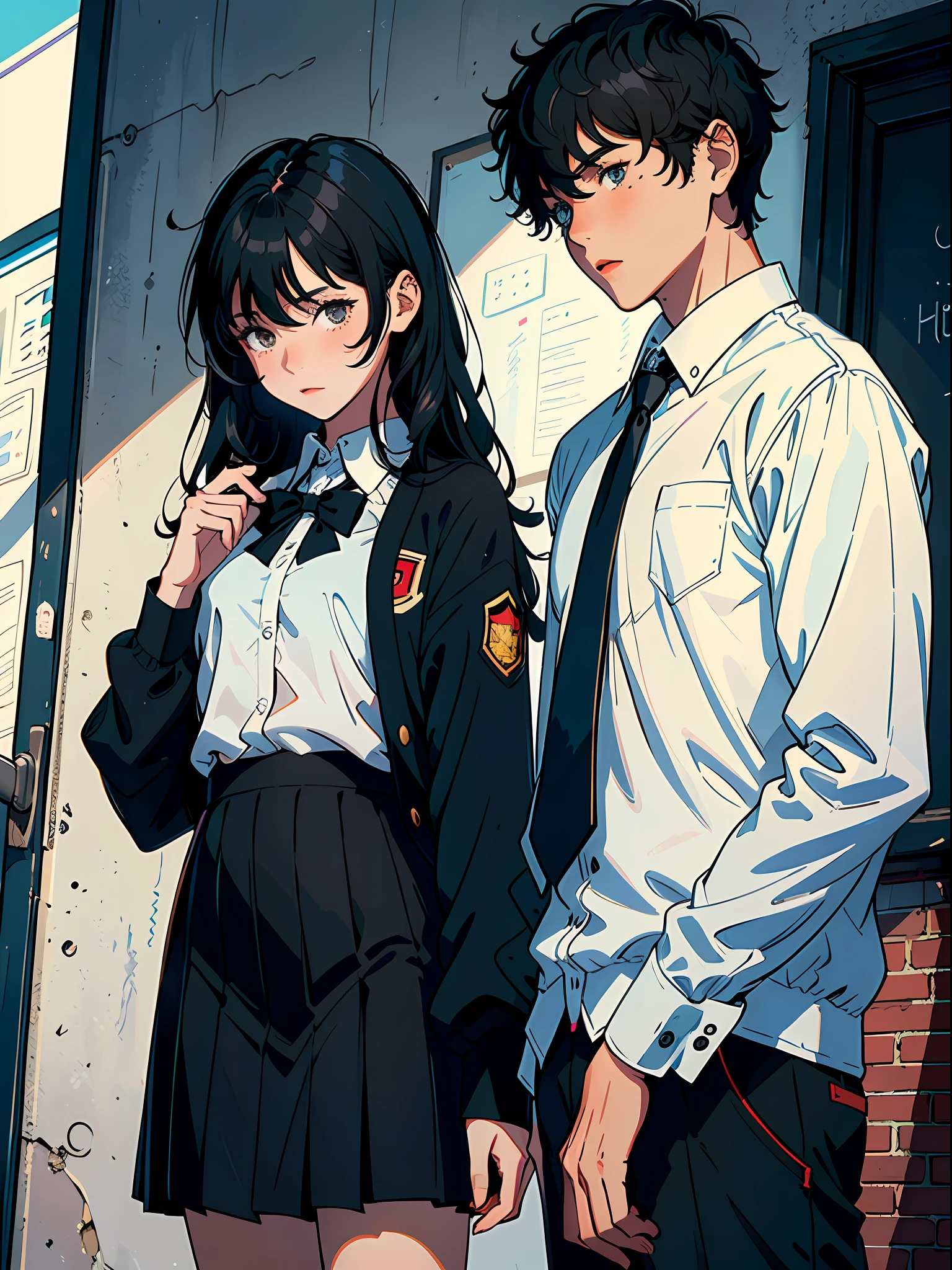 ((Masterpiece)), ((Best Quality))), ((Ultra Detailed)), ((Illustration)), with a boy and a girl. The boy has short black hair, comma hair, hair between the eyes. The girl is black shawl with long hair and student uniform. The girl ran towards the boy