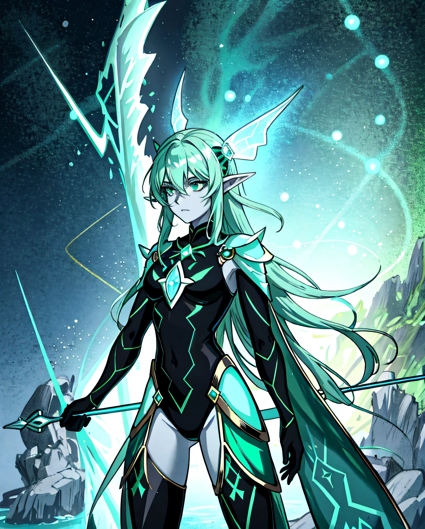 Aqua Elf, luminescent green skin with black spots, long green translucent hand like antennae, black sea armor with glowing gold markings, deep sea dweller, masterpiece, Best Quality