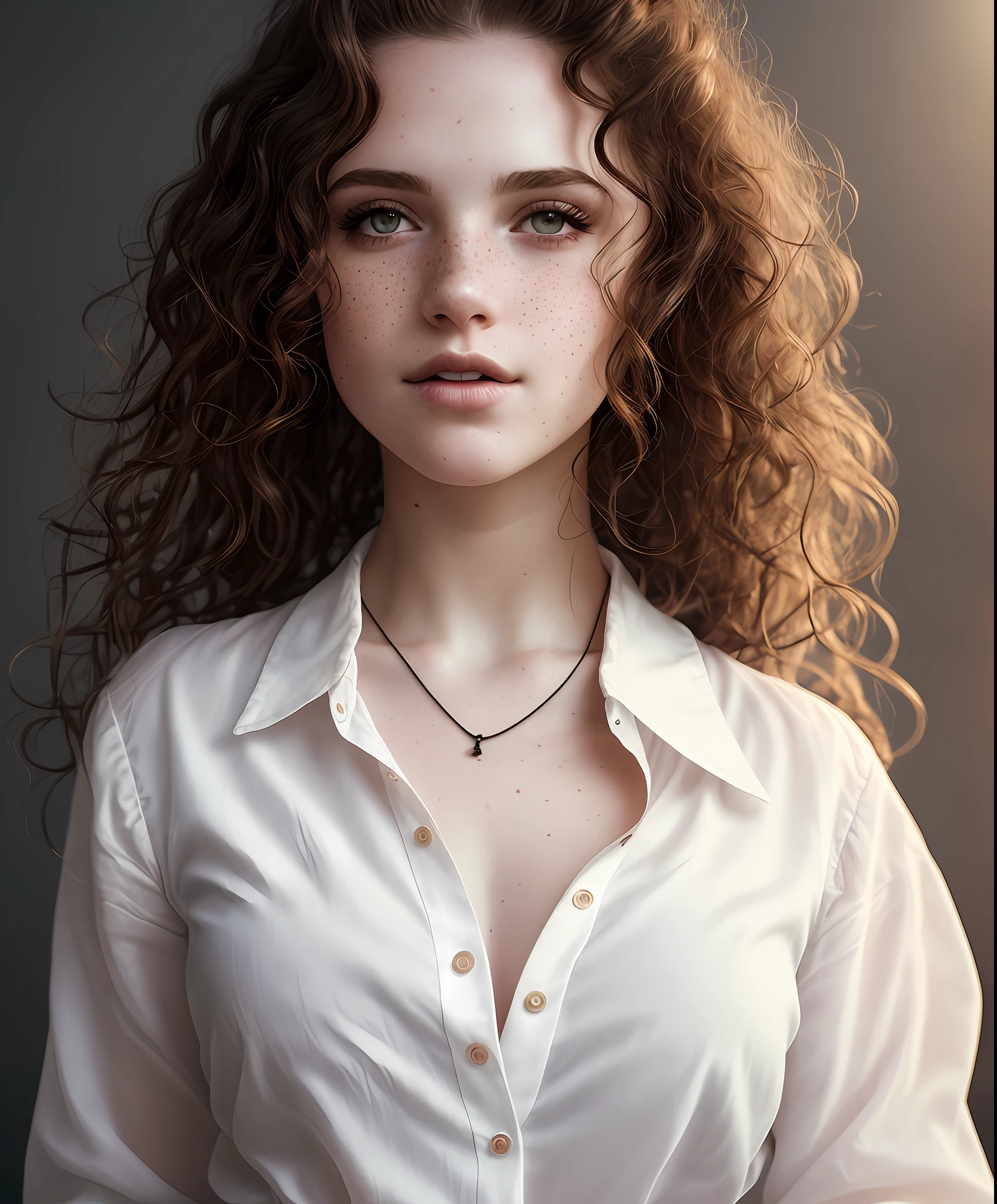 Close-up, beautiful girl, physical rendering photo of an 21 year old girl, curls, freckles, unbuttoned, white blouse, black background, light on face, dream, magical atmosphere, cinematic lighting, embers, fantasy, action pose, mist, CRU photo, 8k uhd, film grain
