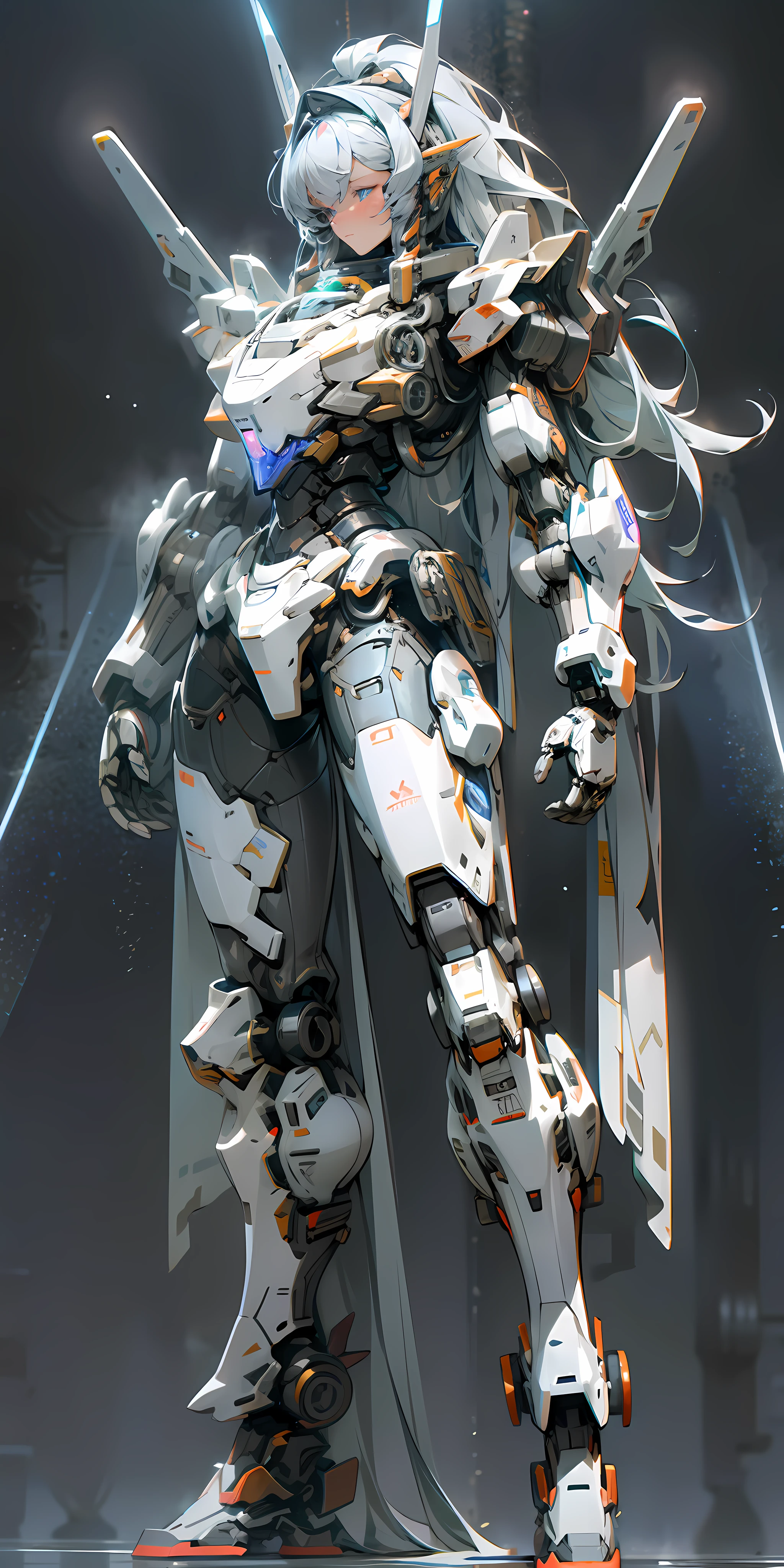 Cool mech core style, mecha concept art, dark gray Decepticon, huge mech robot, intricate glowing mech armor, future transformation giant robot. Behind the girl was a giant mecha machine, the size of the machine was very large, and it seemed to be more than ten meters tall. The surface of the machine has a lot of mechanical devices and armor, which looks very strong. The girl stood in front of the machine, blue eyes, long white hair, thin figure, semi-mechanical body, laser spandex oil shiny shiny shiny glowing lines. Energy light, thunder electric magic, haze rain thunder, raindrops, warm cold light, blue violet light, details, big background.