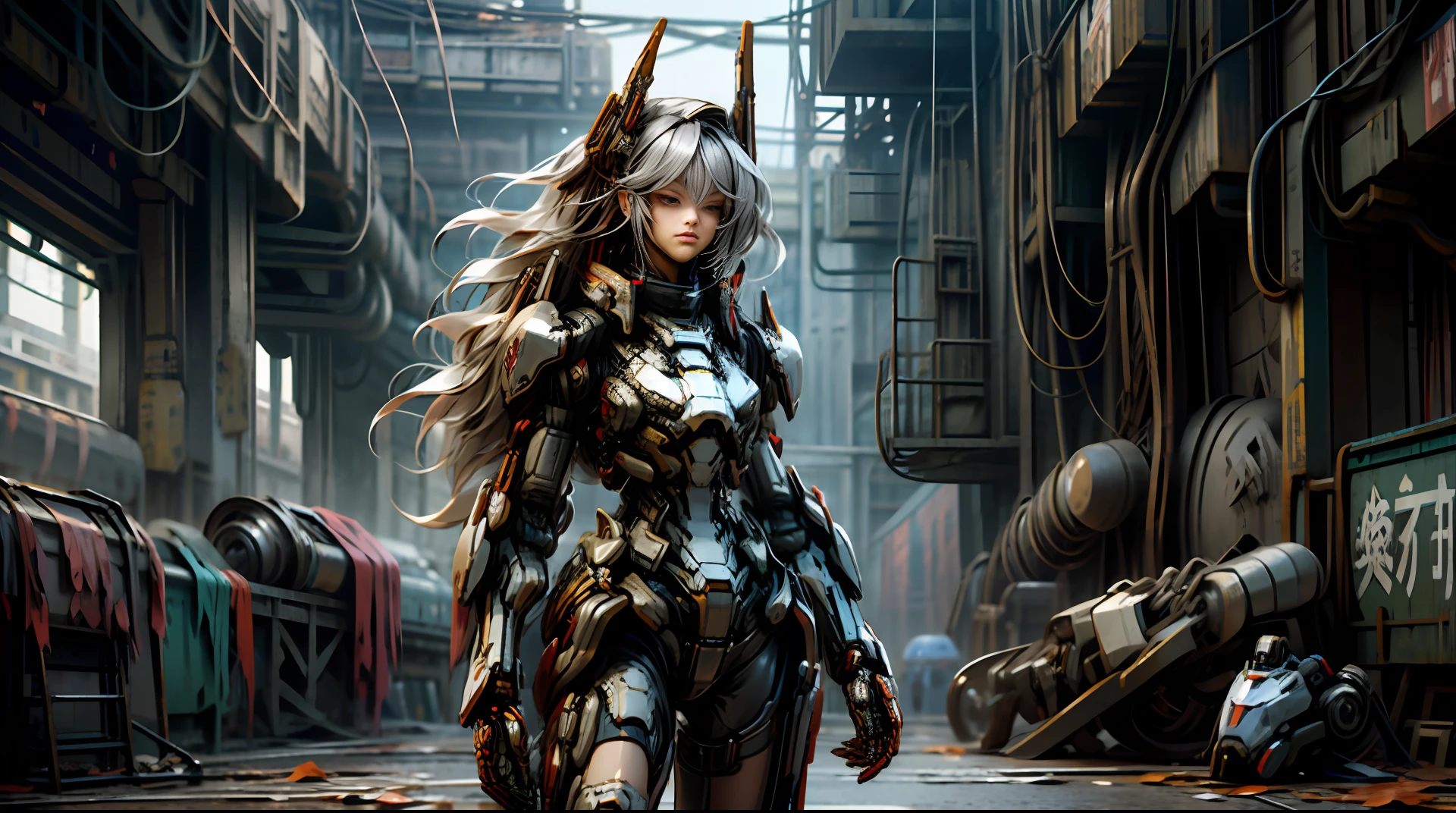 Dark_Fantasy, Cyberpunk, (chain saw, chain saw man, Red:1.1), 1gril, beatiful, black pantyhose, long silver hair, mechanical marvel, robotic presence, Cybernetic guardian, walking in city ruins, wearing shabby mech suits, intricate, (steel metal [rust]), elegant, clear focus, photographed by Greg Rutkowski, soft lighting, vivid colors, masterpiece, (((street)), cowboy shooting, dynamic pose,