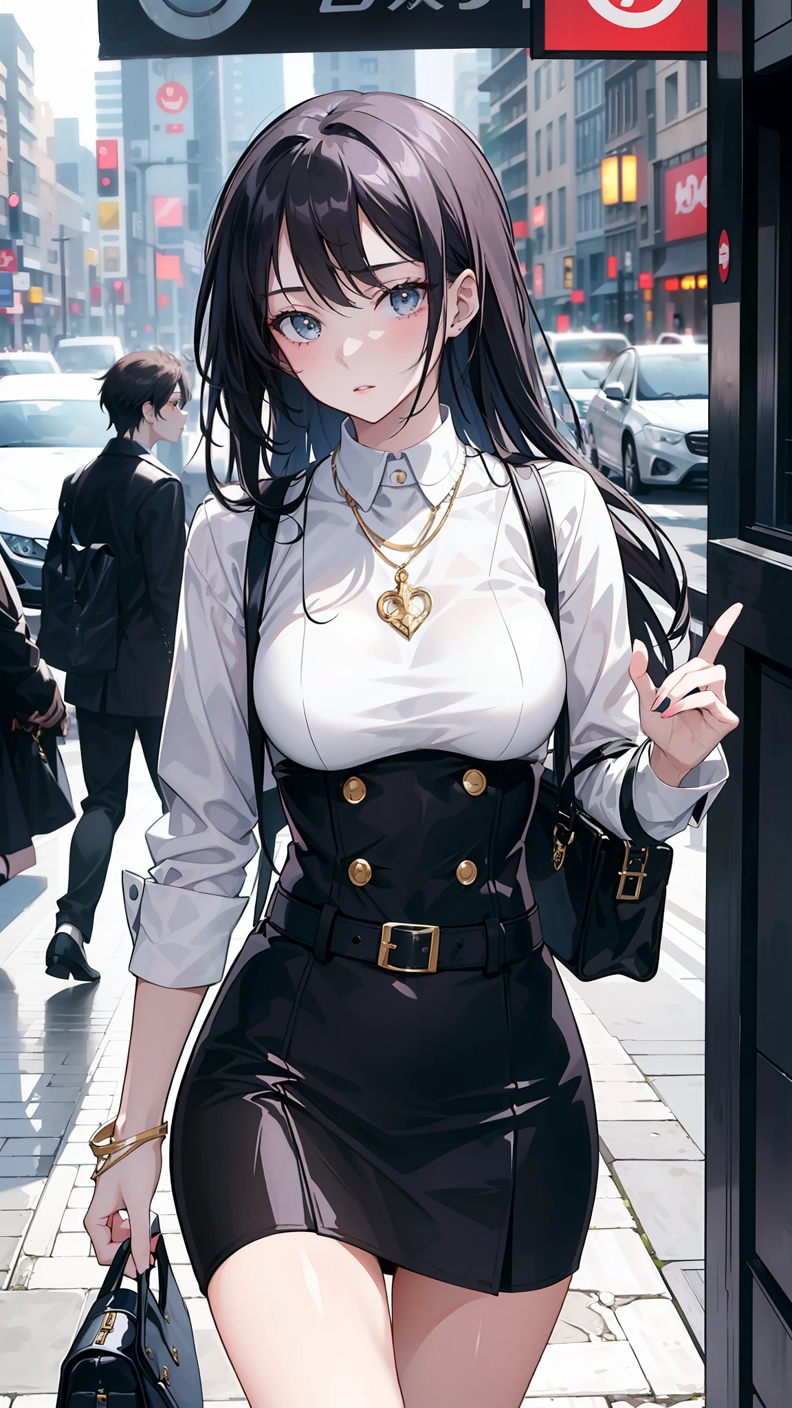 (masterpiece:0.8), best quality, breathtakingly beautiful portrayal of a (young woman) with a stylish and chic flair, walking down a busy street with a stunning (urban background), captured in an (anime-styled) medium shot. (Attention is drawn particularly towards the woman) who possesses an air of confidence and grace, with every detail of her appearance perfectly crafted.