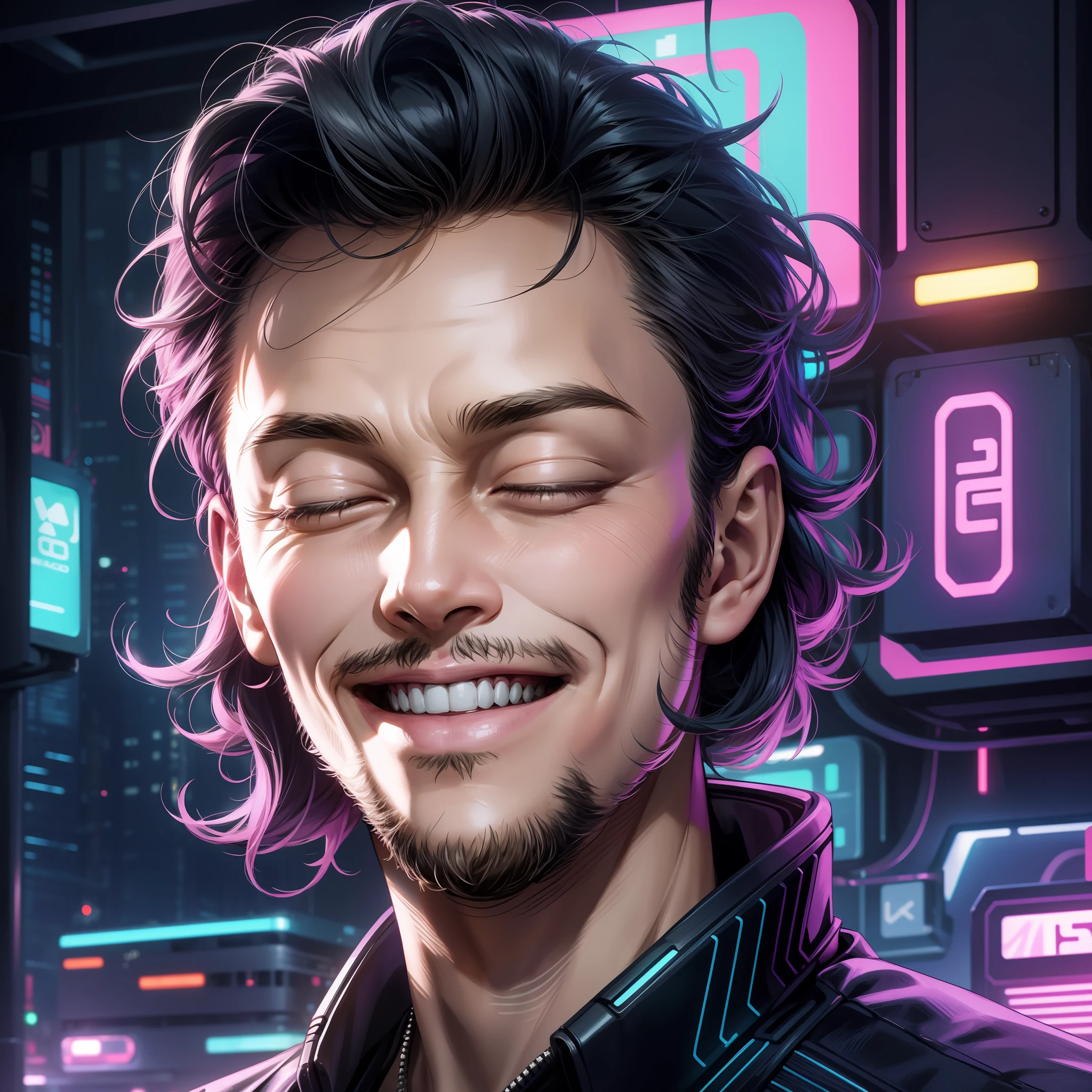 Elo Musk smiling with his eyes closed in a neon-like cyberpunk venue --auto --s2