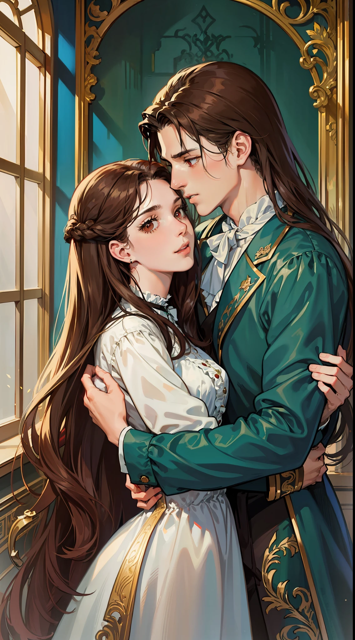 ((masterpieces)), best quality, outstanding illustration, a couple kissing, soft focus, 1 boy with long black hair, RED EYES, 1 girl with long brown hair, BROWN EYES, Victorian clothes, Victorian romanticism, opulent and exquisite atmosphere, soft light and warm lighting.