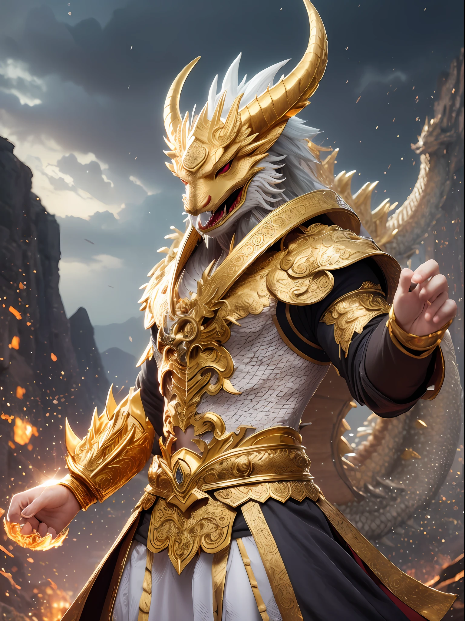 (Masterpiece, Best Quality), Intricate Details, 8K, ArtStation, Wallpaper, Official Art, Splash Art, Storm in Background, Sharp Focus, (Realistic:1.2) (Bokeh) (Best Quality) (Detailed skin: 1.3) (Intricate Details) (8K) (Detail Eyes) (Sharp Focus) Sky, one, Chinese divine dragon, mighty, domineering, huge, golden, realistic details, dragon head perfect noble, dragon body huge, dragon scales dense, four dragon claws, five claws golden divine dragon, A man wearing Hanfu