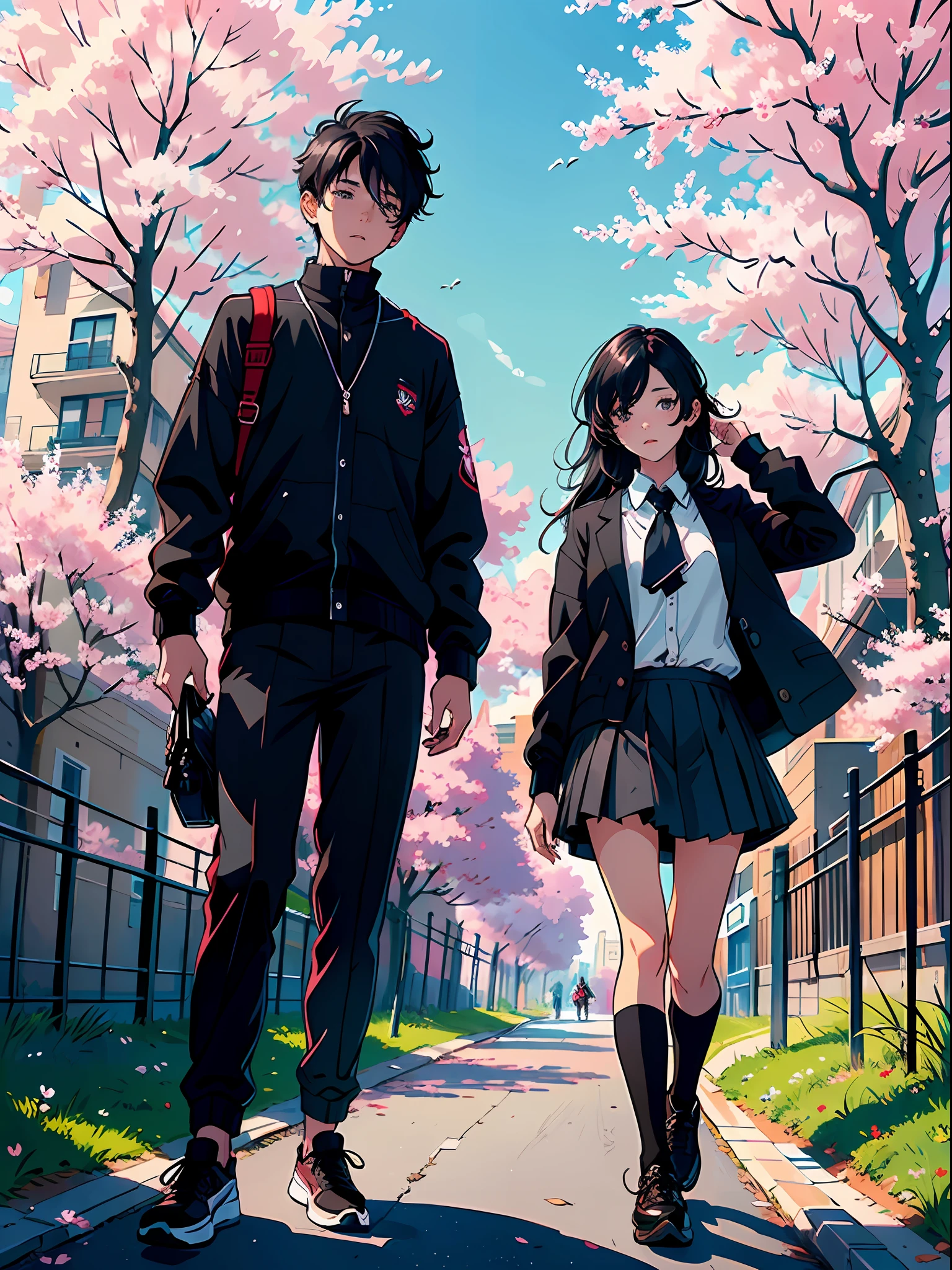 ((Masterpiece)), ((Best Quality))), ((Ultra Detailed)), ((Illustration)), with a boy and a girl. The boy has short black hair. The girl is black shawl with long hair and student uniform. The girl ran towards the boy, on the side of the road, cherry blossom trees