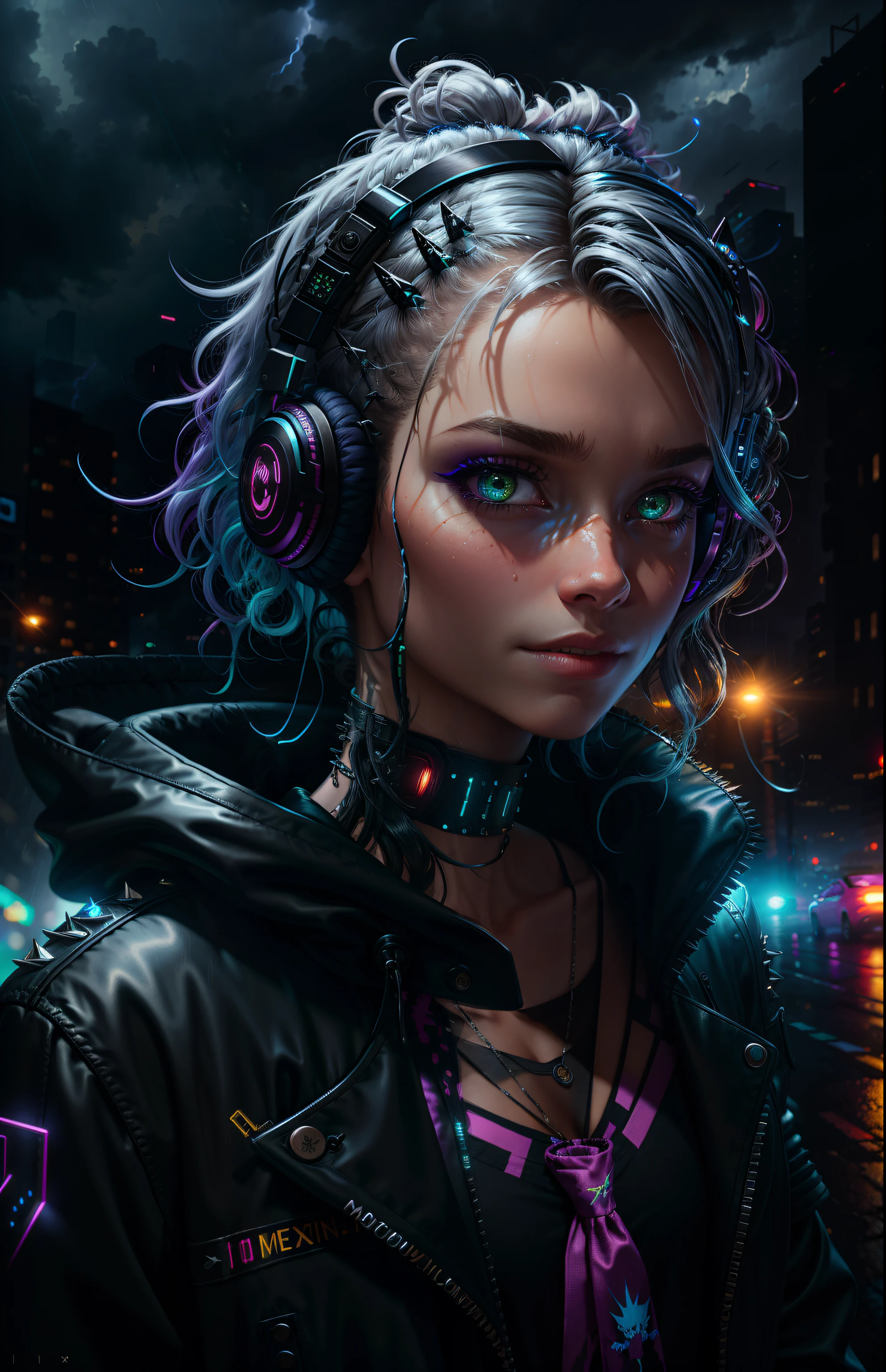 A highly detailed portrait of a solo 1girl standing on a street corner, during a rainstorm with lightning strikes and a cloudy sky, neon and cyberpunk background, she is wearing punk clothes with silver chains and silver spikes, she has a butterfly wing hairclip in her wild hair, she has headphones and a necktie on, petite, detailed glowing red eyes with distinct pupils, ominous aura Halo, smile, punk, cyberpunk, backlighting, chromatic aberration, depth of field, soft lighting, masterpiece, best quality, intricate, tone mapped, highly detailed, artstation, concept art, smooth, sharp focus, dramatic lighting, highly detailed artwork, cinematic, hyper realistic painting, trending on Artstation, 8K, incredible shadows, realistic, (highly detailed background:1.0)