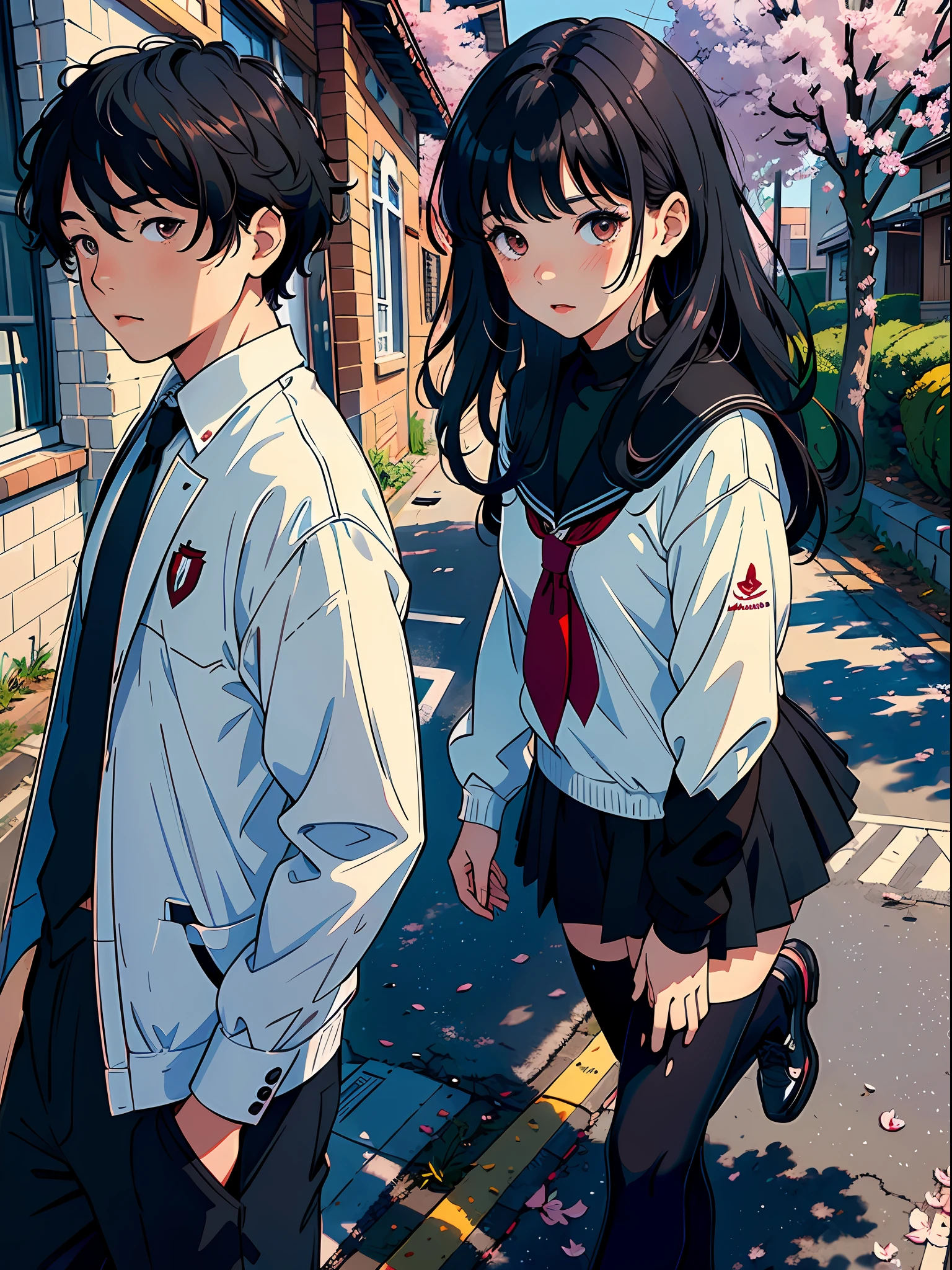 ((Masterpiece)), ((Best Quality))), ((Ultra Detailed)), ((Illustration)), with a boy and a girl. The boy has short black comma hair and hair between his eyes. The girl is black shawl with long hair and student uniform. The girl ran towards the boy, on the side of the road, falling cherry blossoms