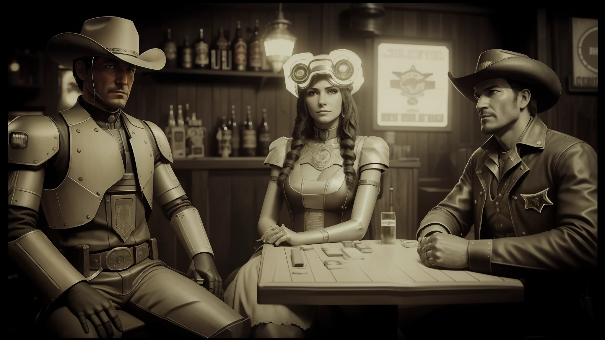 a robot, a woman and a cowboy sitting at a table, cyberpunk wild west, 2-bit, cinematic lens, sheriff, photo canon 5d mark iii, ps 3 screenshot, poker face, saloon, time elves, shot from cowboy, by Edwin Dickinson, cinematic beer, thousand yard gaze, mastodon