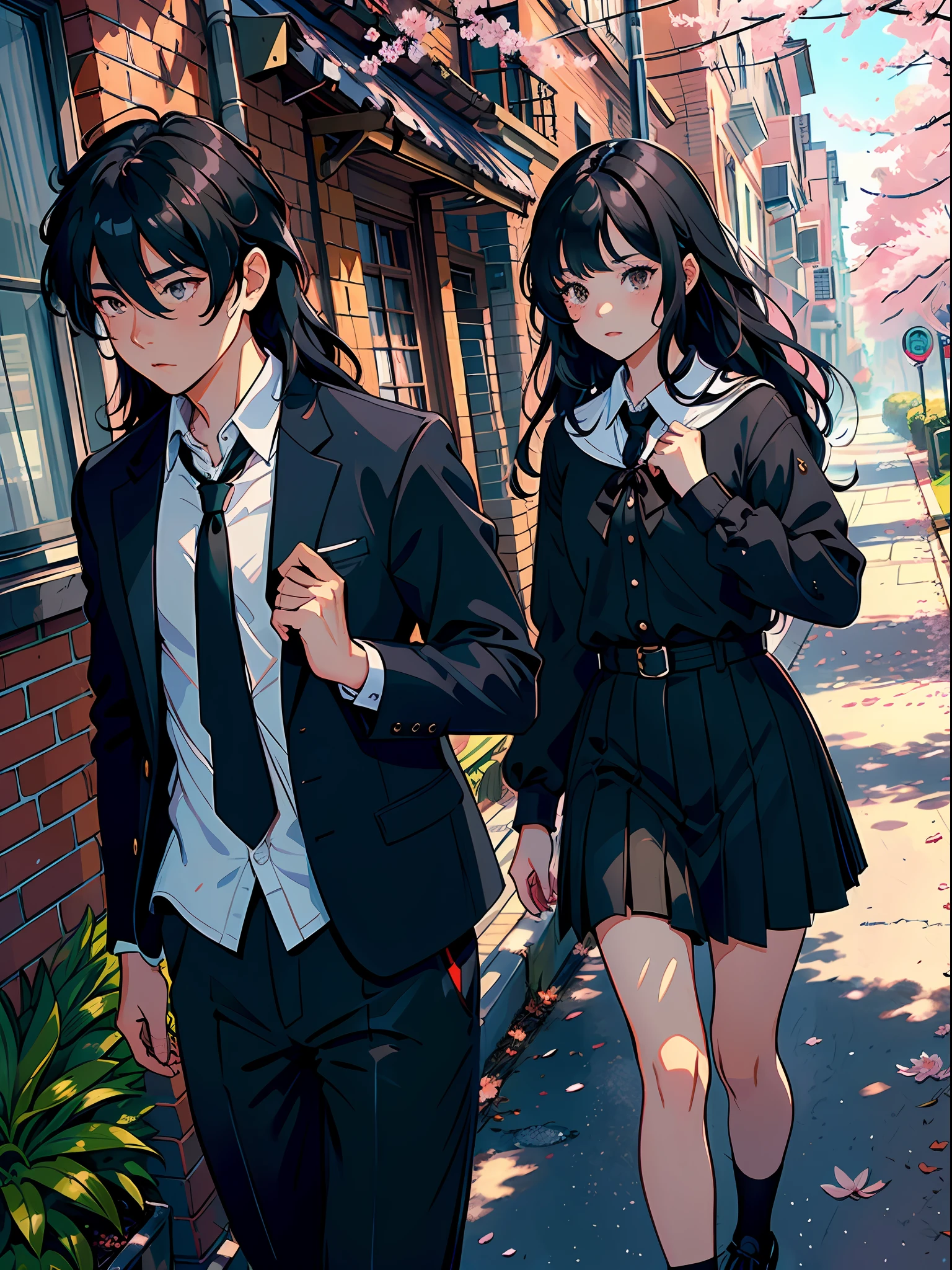 ((Masterpiece)), ((Best Quality))), ((Ultra Detailed)), ((Illustration)), with a boy and a girl. The boy has short black comma hair and hair between his eyes. The girl is black shawl with long hair and student uniform. The girl ran towards the boy, on the side of the road, falling cherry blossoms