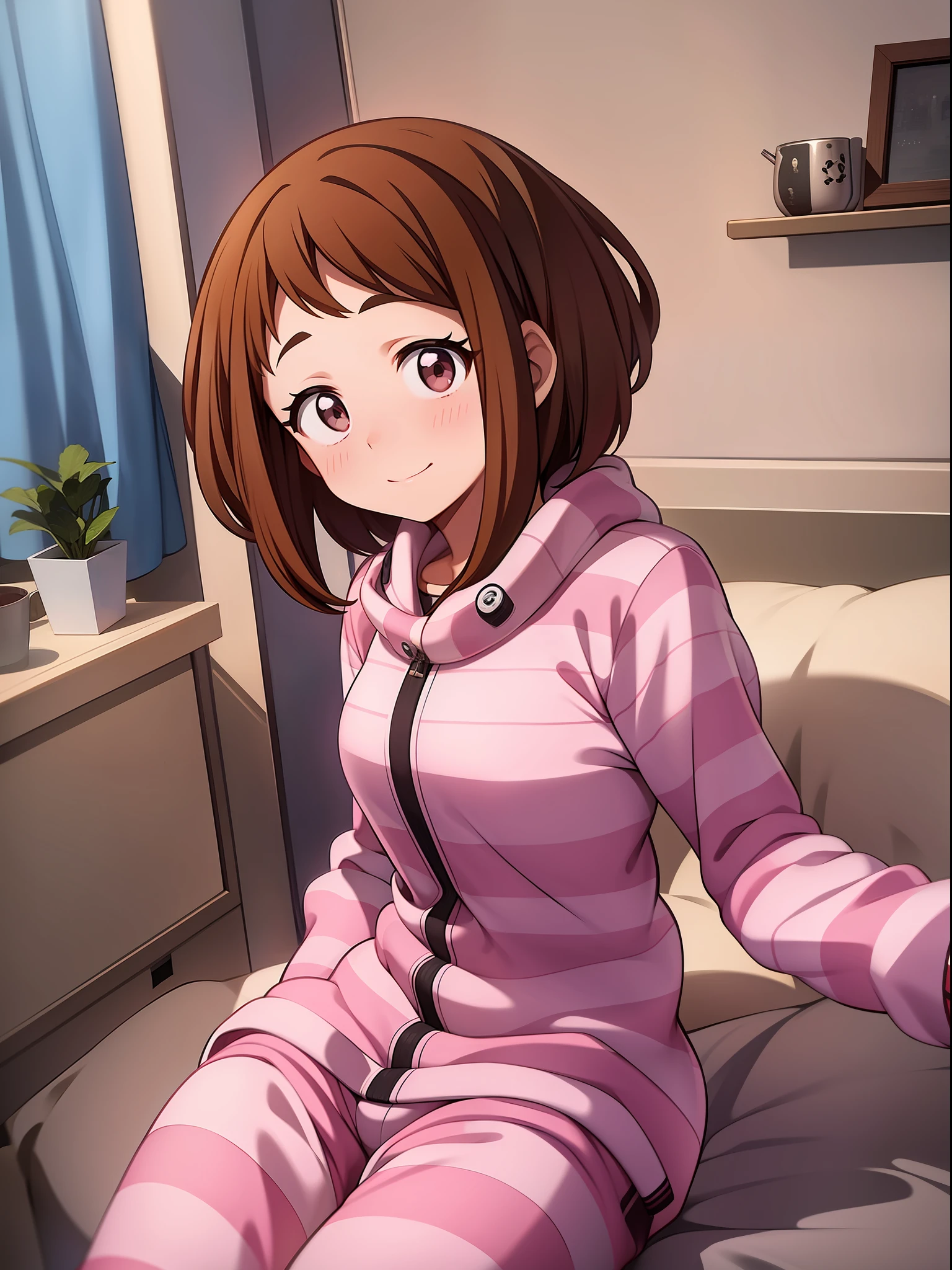 Ochaco Uraraka, wearing pajamas, nice environment, super detailed, high quality