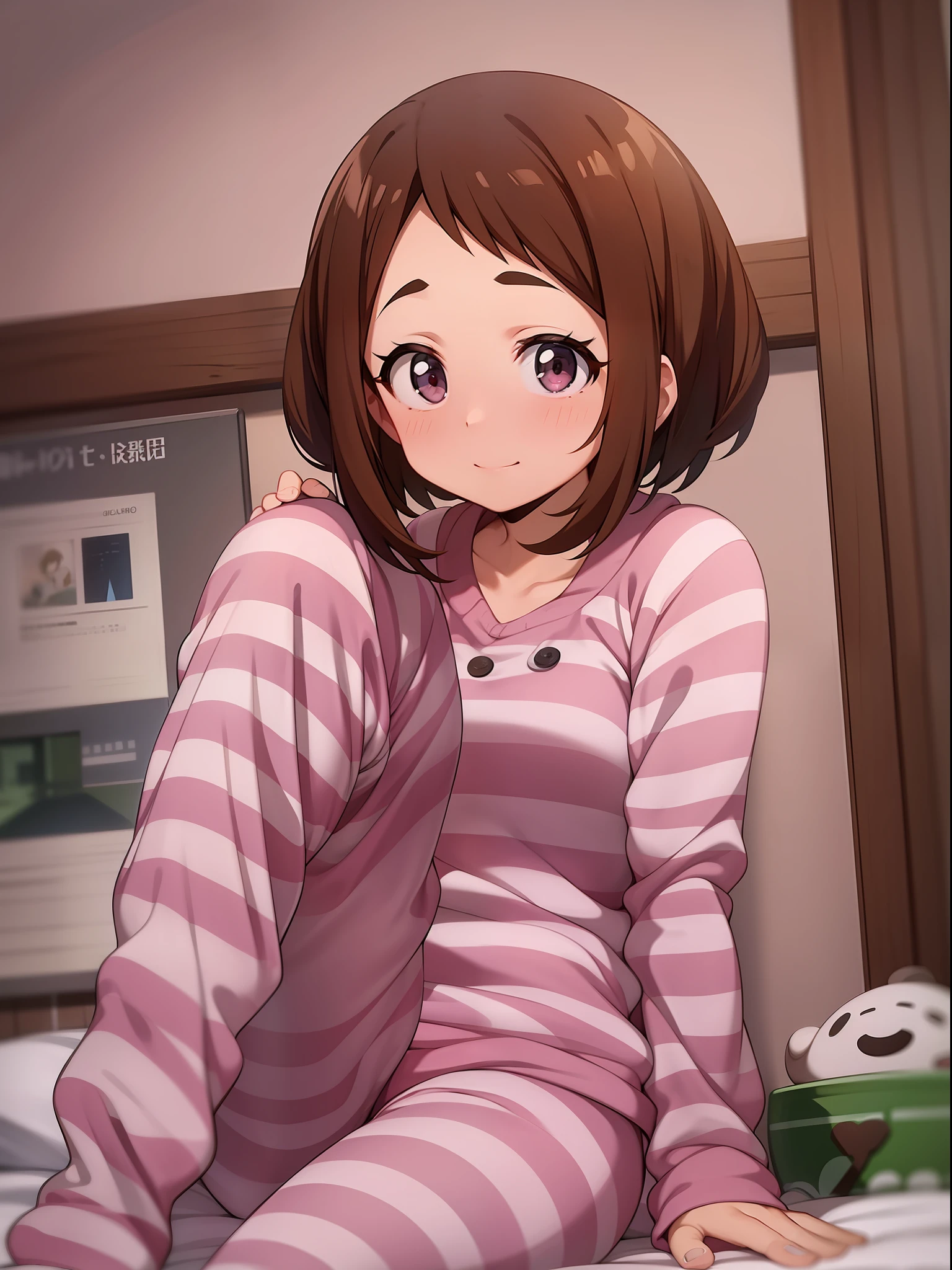 Ochaco Uraraka, wearing pajamas, nice environment, super detailed, high quality
