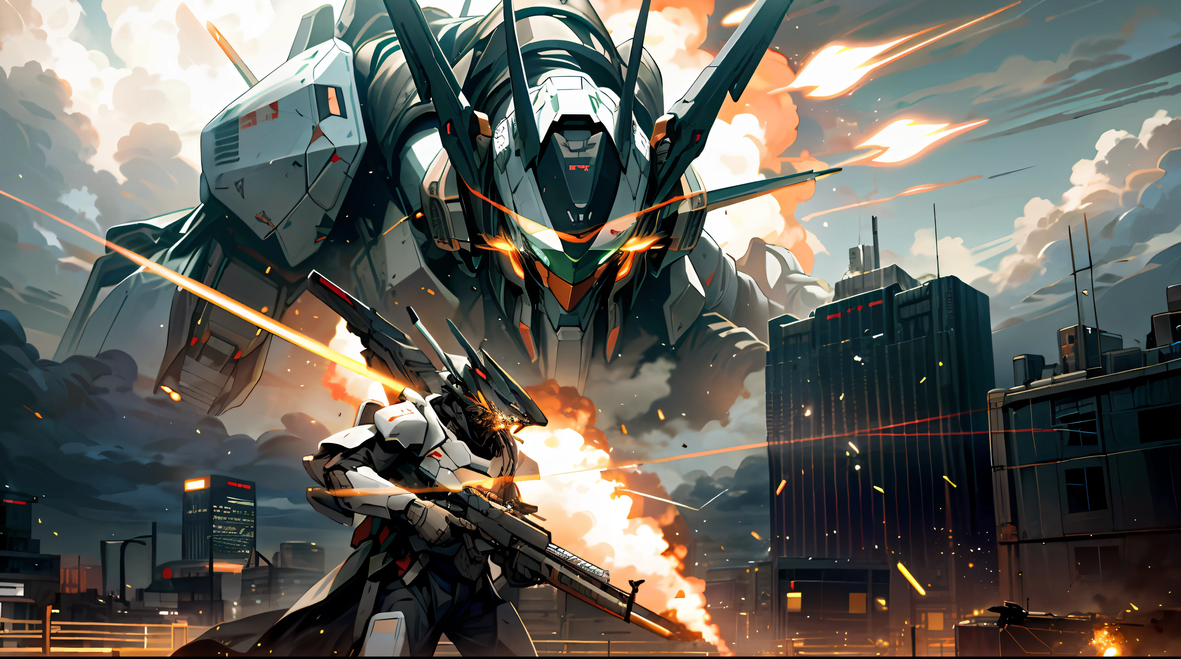 sky, cloud, holding_weapon, no_humans, glowing, , robot, building, glowing_eyes, mecha, science_fiction, city, real, mech, snipe colony with strongest beam and shoot down destruction, possess double rifle, strafe funnel, attack for revival, space colony explodes
