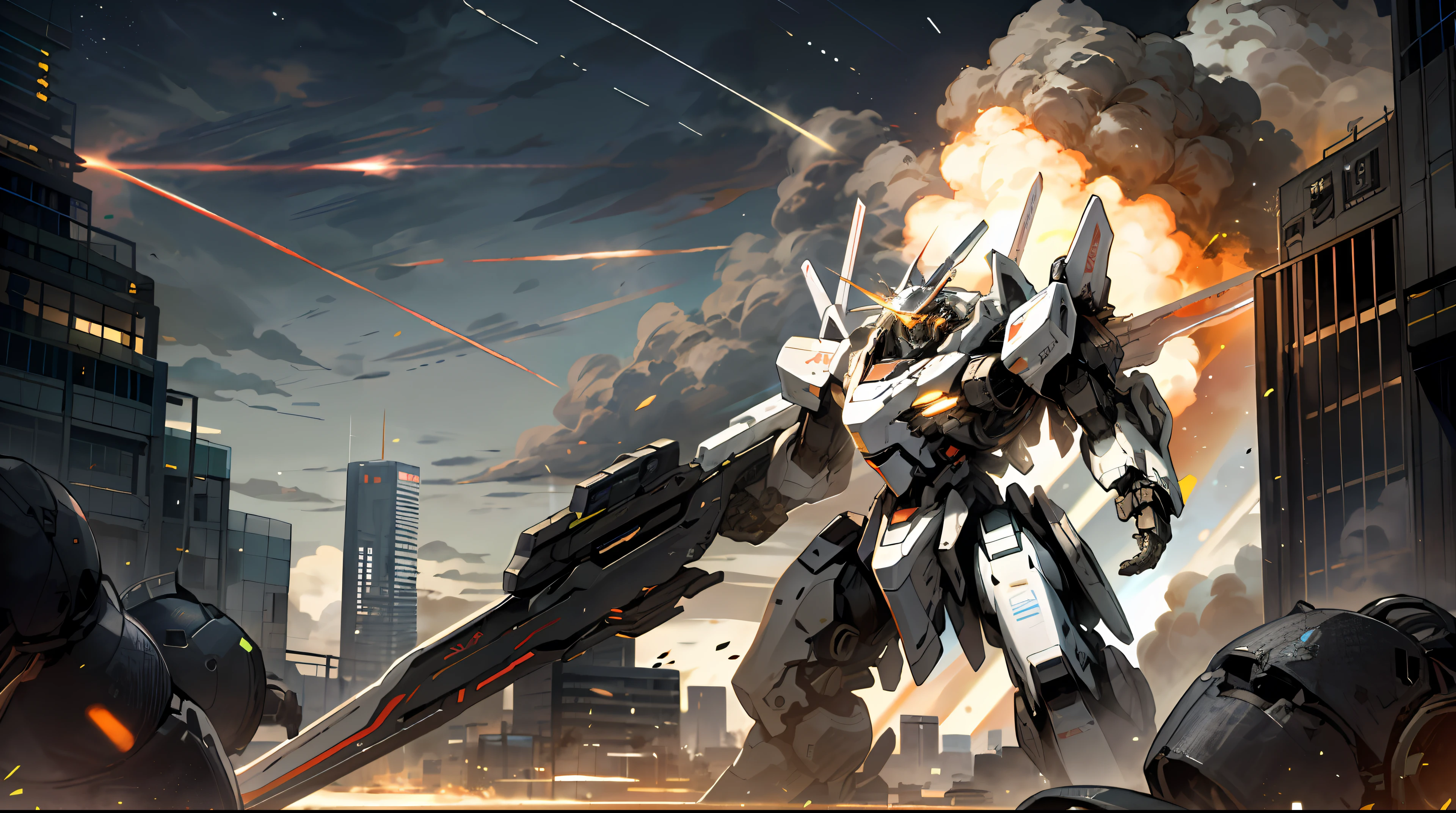 sky, cloud, holding_weapon, no_humans, glowing, , robot, building, glowing_eyes, mecha, science_fiction, city, real, mech, snipe colony with strongest beam and shoot down destruction, possess double rifle, strafe funnel, attack for revival, space colony explodes