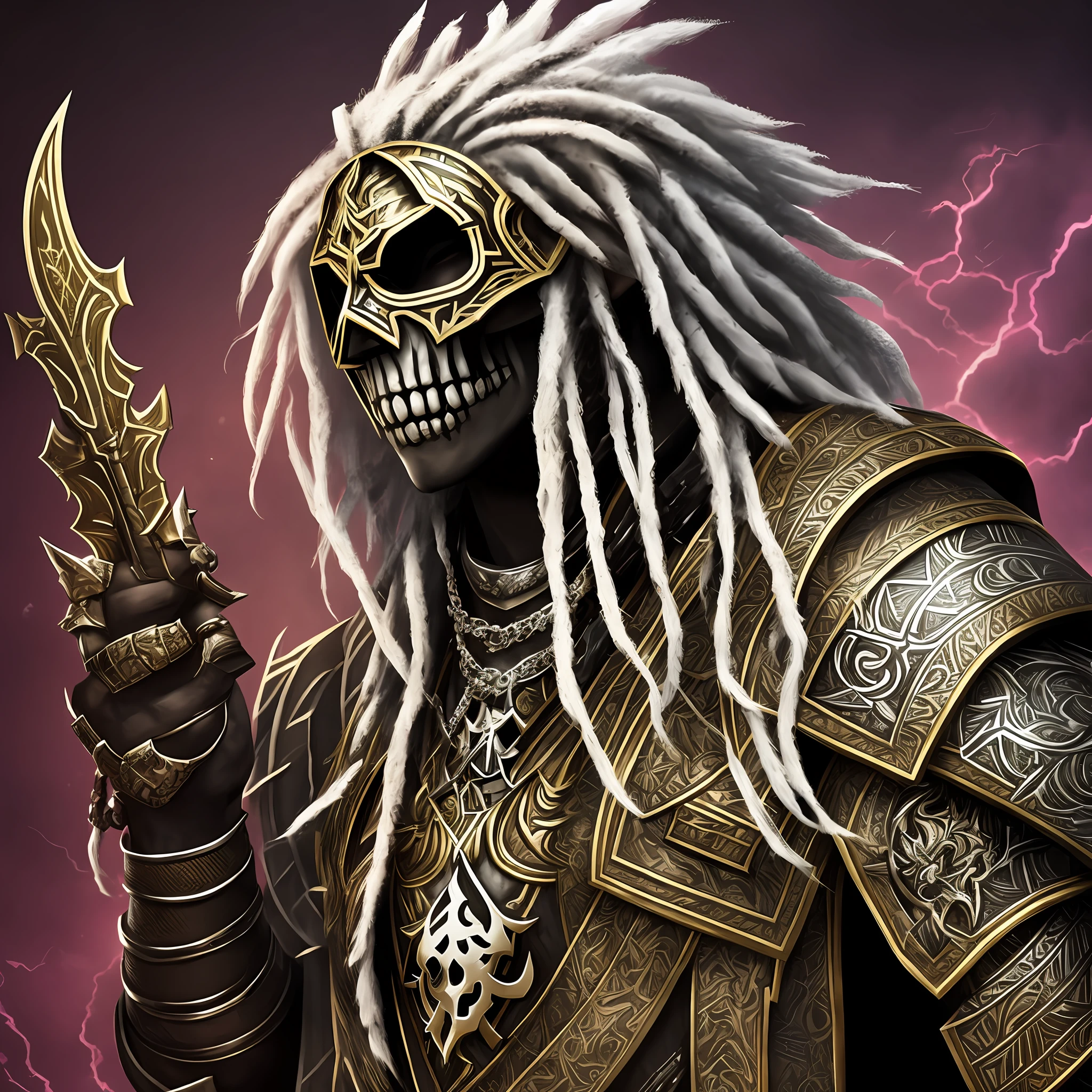 A young black man as a necromancer warrior.  He has a skull mask and bone armor. He has white dreadlocks --auto --s2