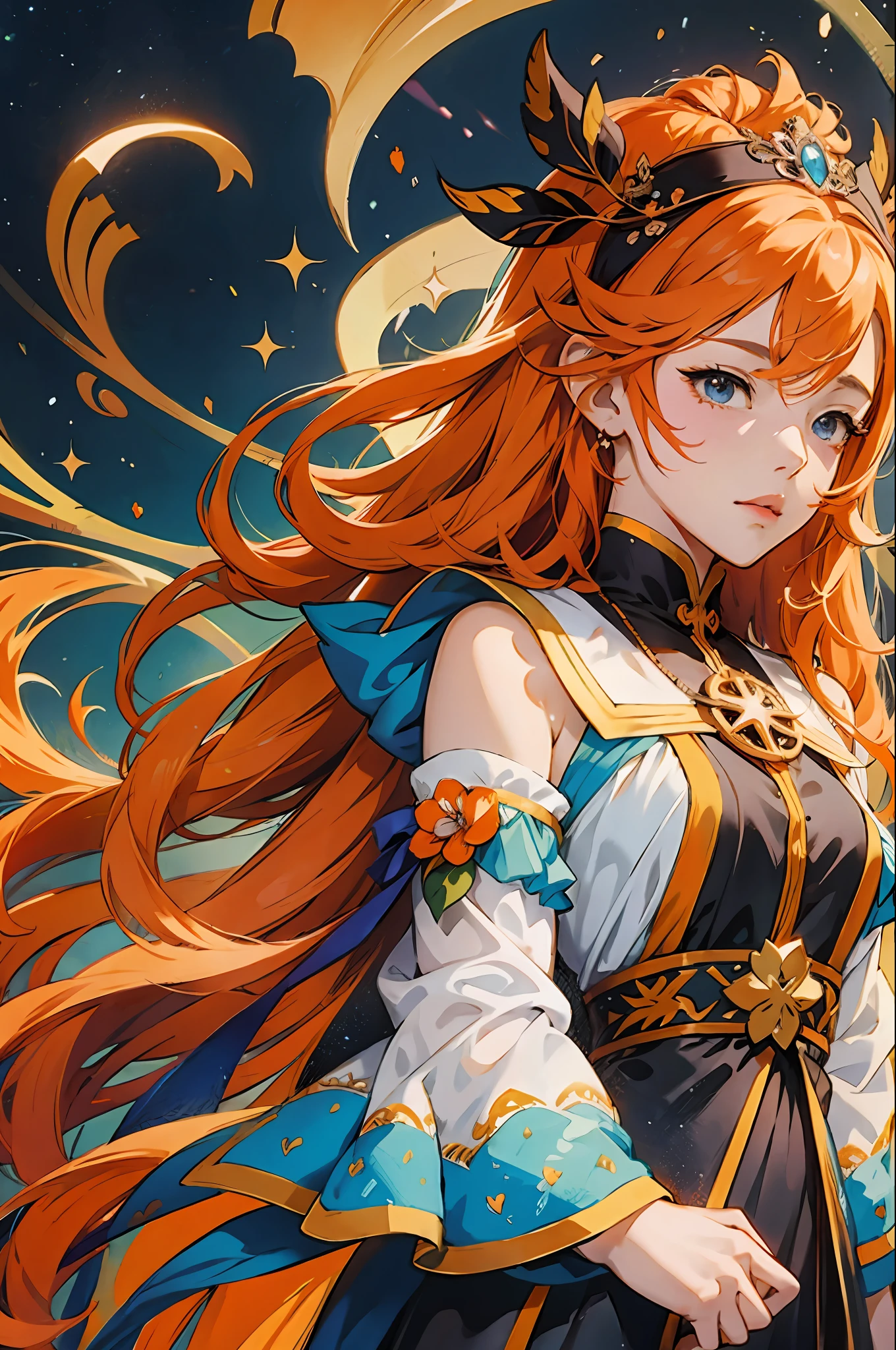 flat illustration anime girl with long orange hair wearing a orange dress and a tiable, an anime drawing by Kamagurka, pixiv, fantasy art, detailed digital anime art, anime style 4 k, detailed anime art, anime goddess, beautiful anime art style, anime princess, anime moe artstyle, 8k high quality detailed art, detailed anime artwork, anime illustration, soft pastel tones