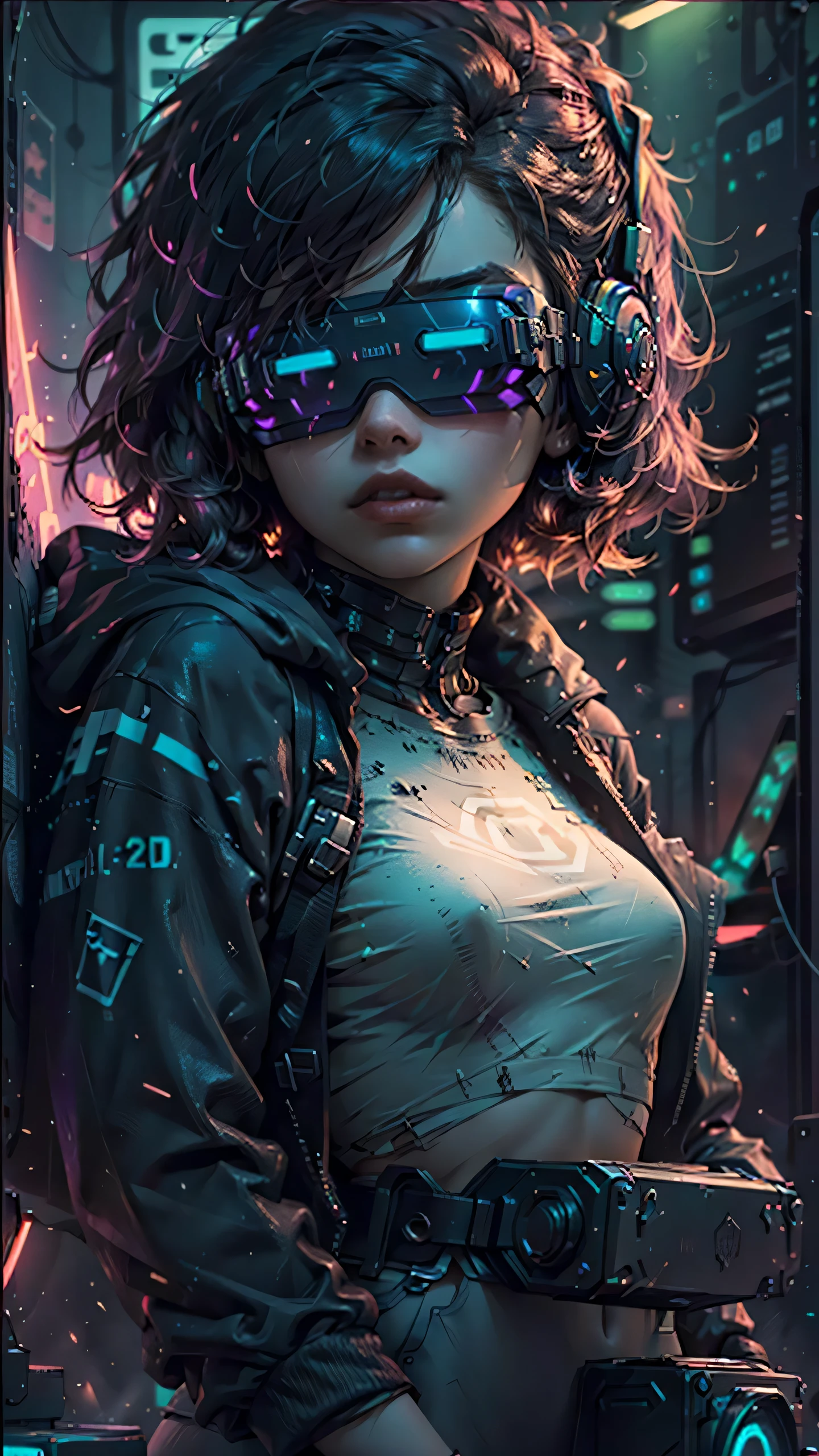 ((Best quality)), ((masterpiece)), (highly detailed:1.3), 3D,NeonNoir, beautiful cyberpunk woman,(wearing head-mounted display that is chunky and hi-tech:1.2),wearing a cape,hacking a computer terminal,PURPLE NEON LIGHT FROM MONITOR, GREEN NEON SIGNS ON THE WALL,