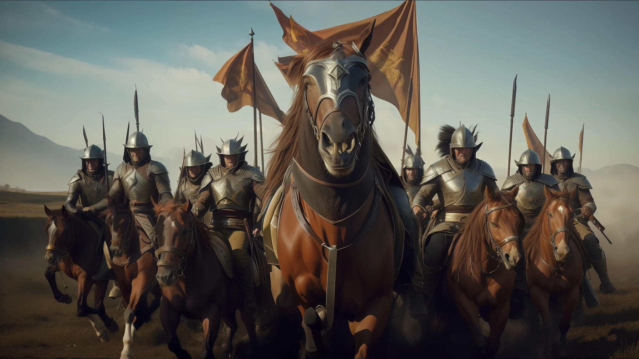 arafada image of a group of men riding horses in a field, showcase of the unreal engine 5, in the screenshot of the film 300, cover art of the metal album, still from a music video, grimdark vibrations, siege, trench crossing, sacred images, by Kamāl ud-Dīn Behzād