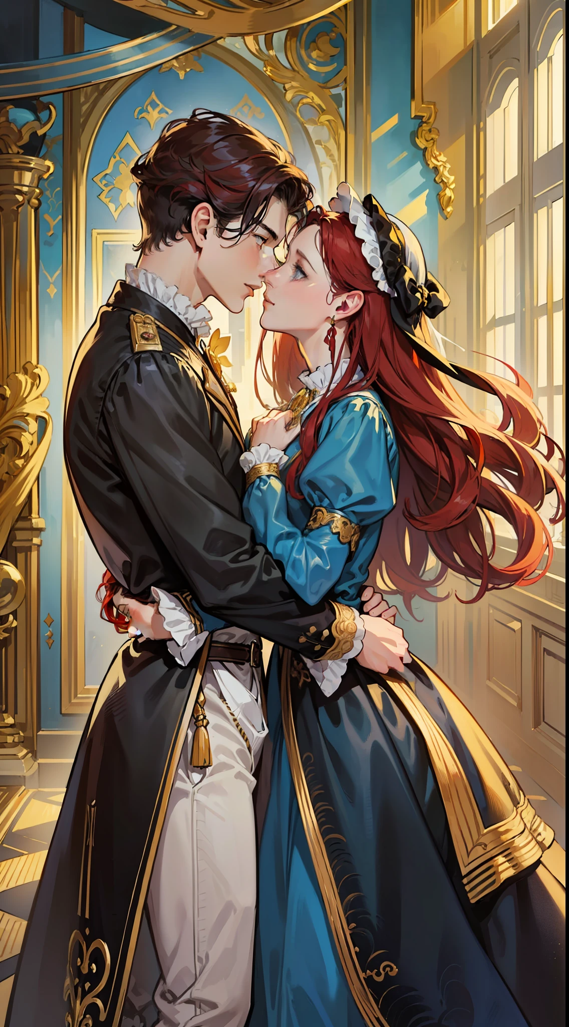 ((masterpieces)), best quality, exceptional illustration, a couple kissing, soft focus, 1 boy with short black hair, BLUE EYES, 1 girl with long wavy red hair, GOLDEN YELLOW EYES, Victorian clothing, Victorian romanticism, opulent and exquisite atmosphere, soft light and warm lighting.