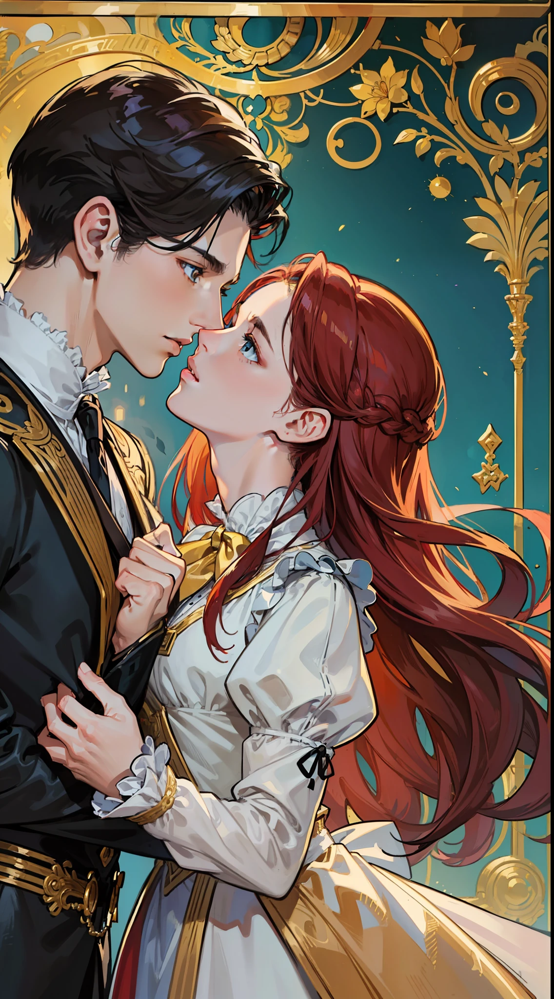 ((masterpieces)), best quality, exceptional illustration, a couple kissing, soft focus, 1 boy with short black hair, BLUE EYES, 1 girl with long wavy red hair, GOLDEN YELLOW EYES, Victorian clothing, Victorian romanticism, opulent and exquisite atmosphere, soft light and warm lighting.