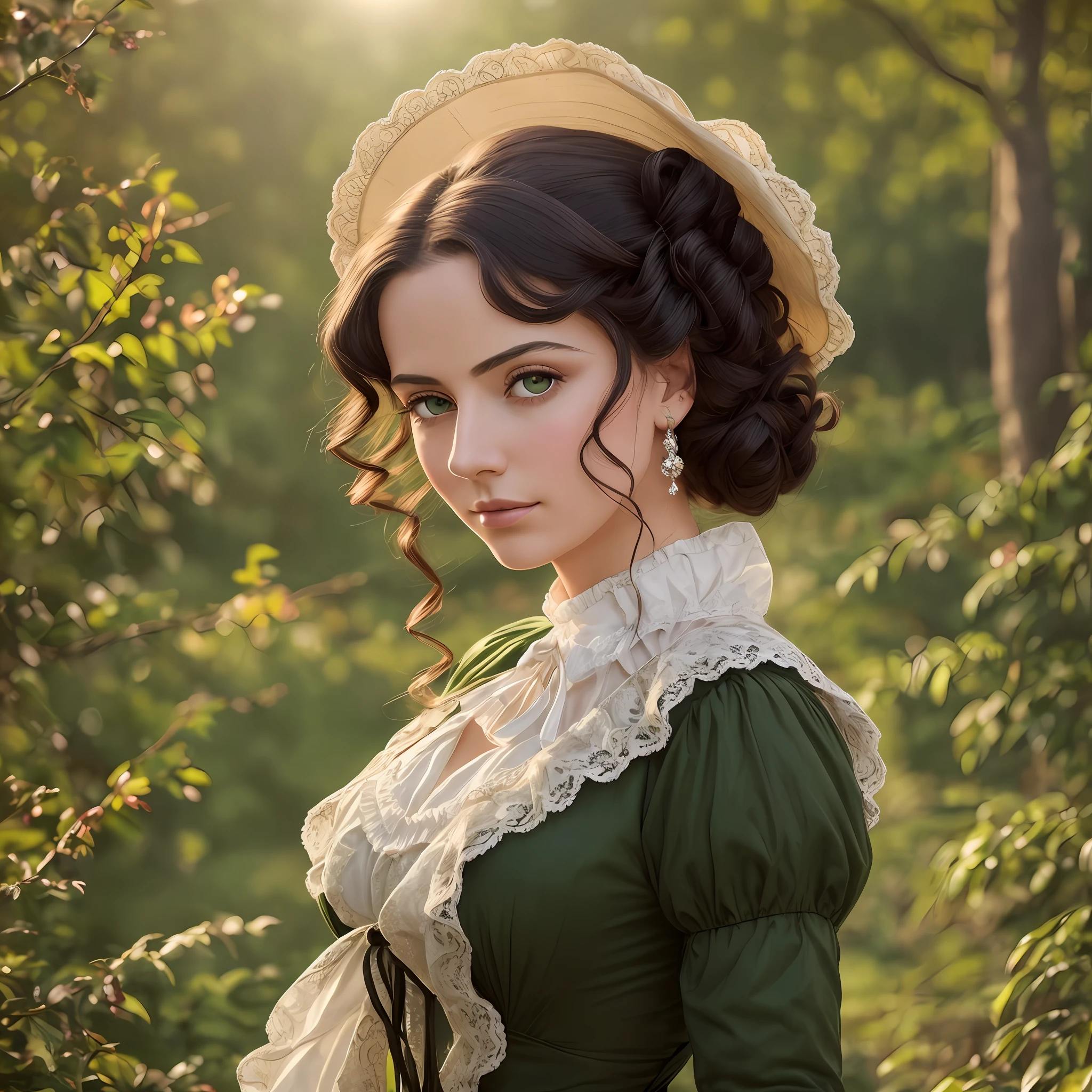 (best quality, masterpiece), english era regency adult woman, pose, particle, upper body, simple natural landscape background, looking at viewer, black hair, dark green eyes, sensual, backlit, rimlight, sunrise colored day, beautiful artwork, perfect composition, english riding brown costume, scarlett ohara