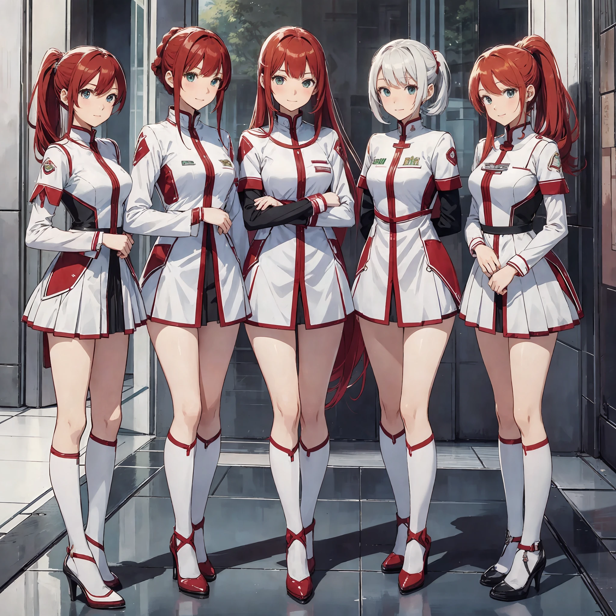 perfect anime illustration, multiple girls, thousands of girls, millions of girls, clones, identical sisters, red hair, ponytail, matching hairstyle, hazel eyes, smiling, white skin, matching outfits, green skirt suits, businesswomen, high heels, highres, full body,  legs, neat rows of sisters, neat columns of sisters, sisters standing in formation, sisters in background