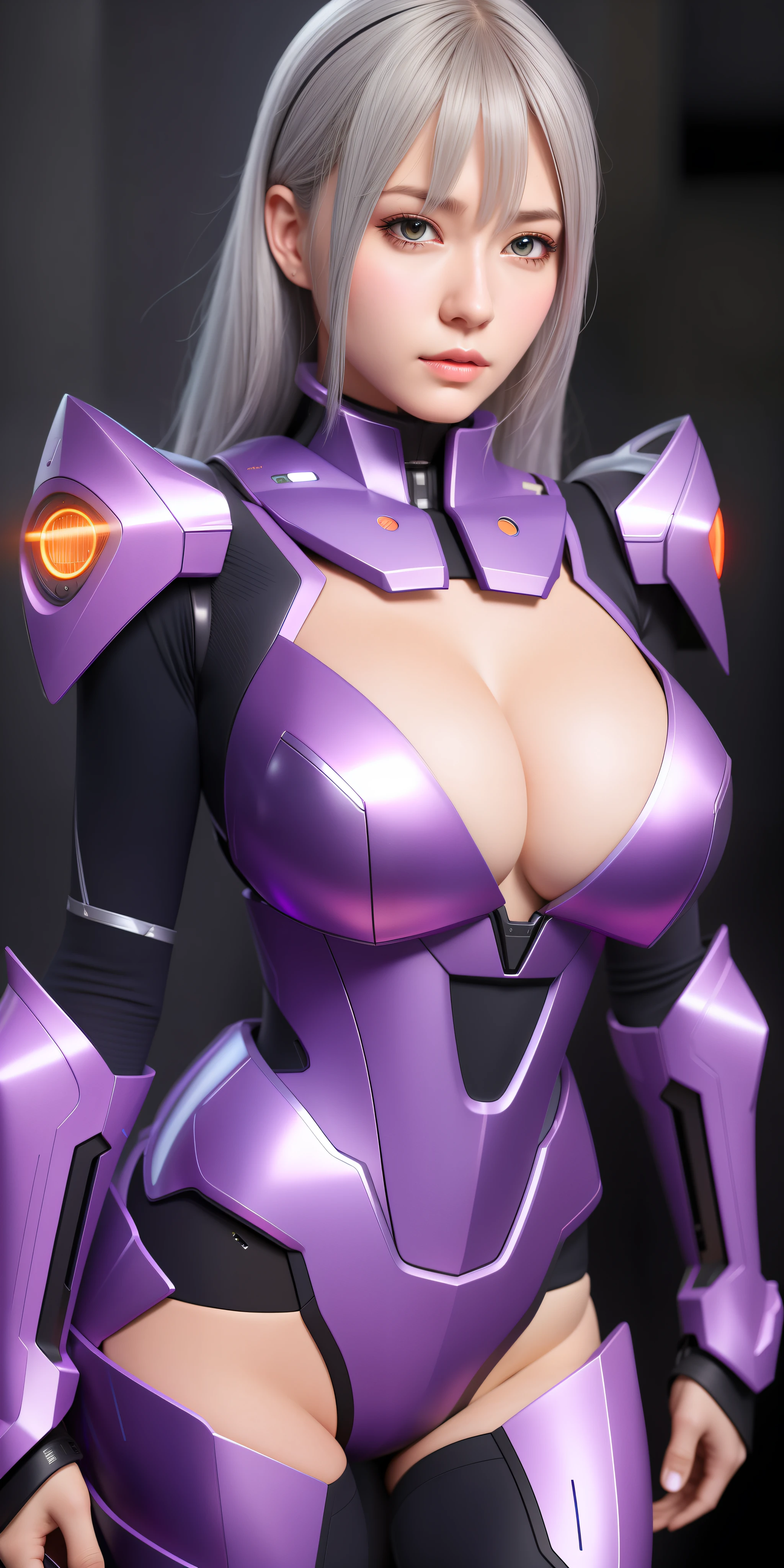 Realistic, girl single, gray hair, purple eyes, shining eyes, mech suit, sexy mecha, metallic, intricate details, detailed neon, bust accentuation parts, cleavage skin, big, parted lips,