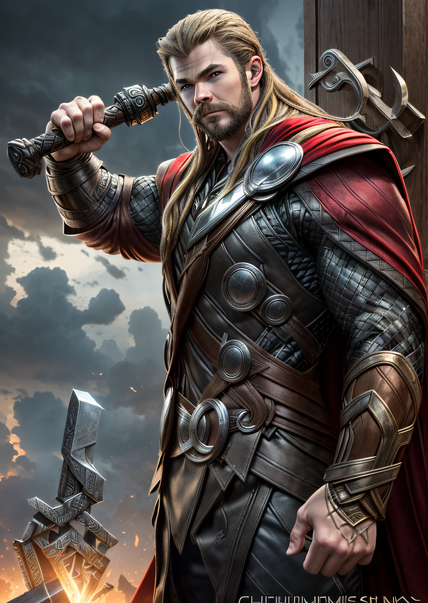 (realistic photo), (dramatic), (fantasy rendering), concept art, (full trunk), (view 3/4:1.17), (Thor steampunk style), (((Thor Odinson |Chris Hemsworth))), brass: 1.3, metals, gears, intricate, aged, (red cover: 1.33), realistic, volumetric lighting, fighting your enemies, masterpiece, centered