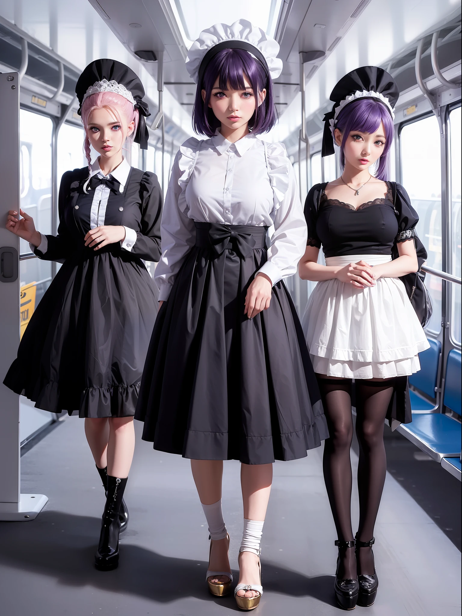 ((full body):1.5) {Only 1/woman}: wearing extremely short and tight black maid costume, white maid's headdress on her head, with an extremely small white skirt, has extremely large breasts, very short purple mohawk hair, blue eyes, looking at the viewer, striking sensual poses while standing. In one ((busload of passengers):1.5) looking at just {1/woman}. anime, anime style, 16k, ((high quality, high details):1.5), UHD, masterpiec