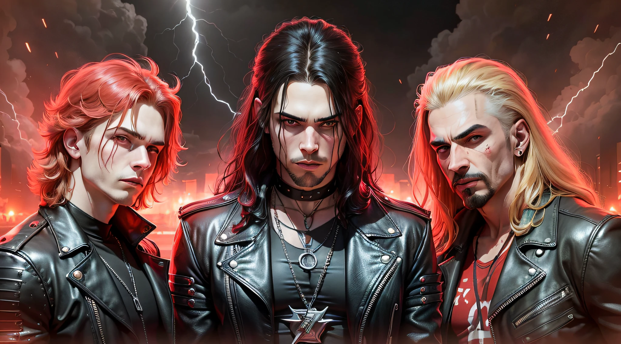 3 boys in standing leather clothes, portrait style, LIGHTNING MORE LIGHTNINGS, BLOOD RED BACKGROUND, Heavy metal promo band, Thrash metal, Heavy Rock --auto --s2