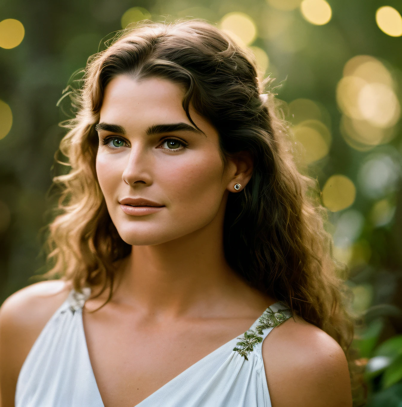 Masterpiece, Brooke Shields at the age of 20. walks through the jungle (Night of Fireflies), (High detail: 1 1), Rough face, Natural skin, High quality, NSFW, Beautiful eyes, (Detailed face and eyes), (Face: 1 2), noise, extra, real photo, PSD, light film photography, sharp focus, contrast lighting, detailed skin, high resolution 8k, crazy detail, realistic, professional photography, 8k UHD, DSLR, soft light, high quality, film grain, Fujifilm XT3