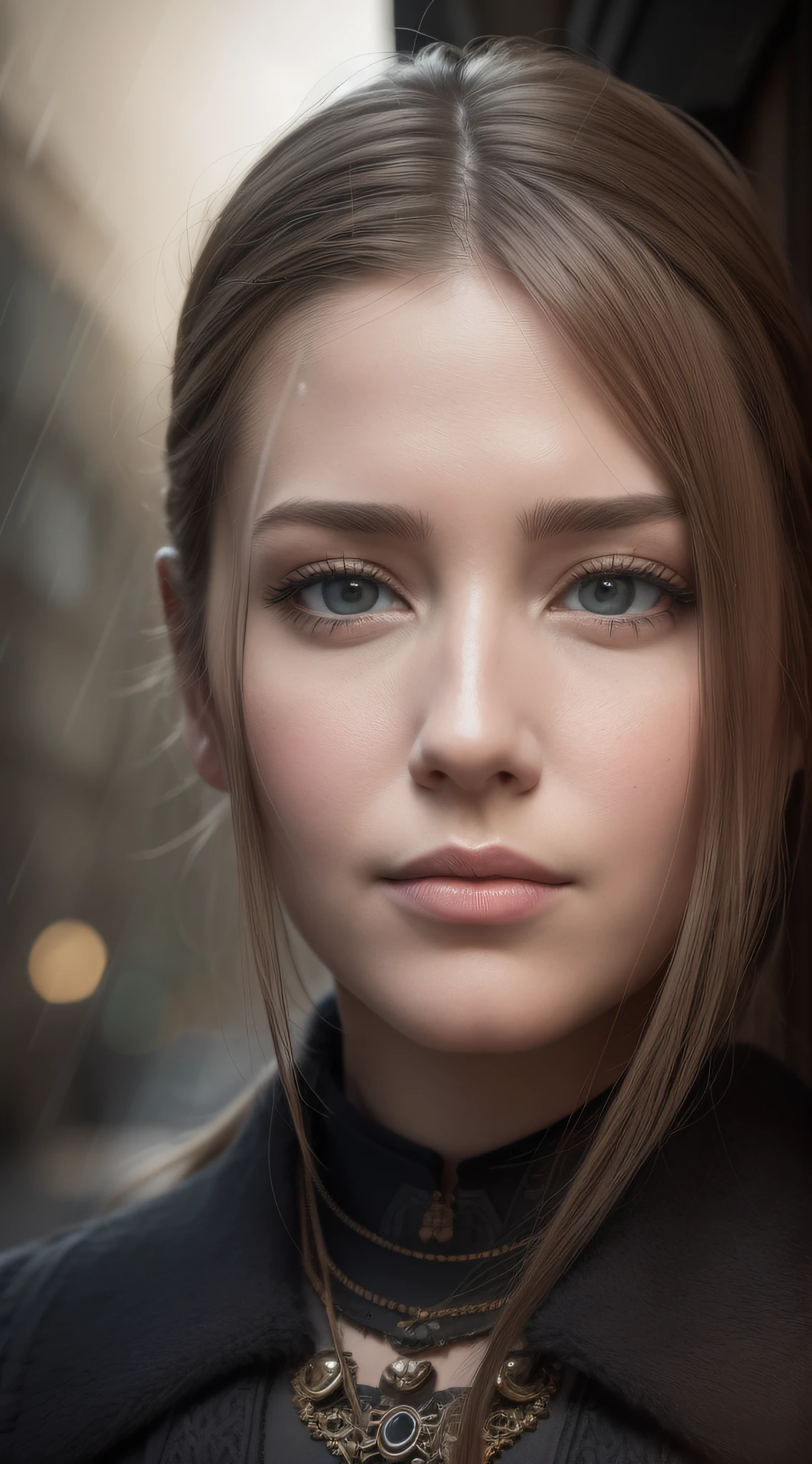 Portrait of the face a beautiful Nordic woman, frontal view, ((masterpiece)),((best quality)),((high detail)),((realistic,)) Industrial-age city, deep gorges in the middle, architectural streets, bazaars, bridges, rainy days, steampunk, European architecture