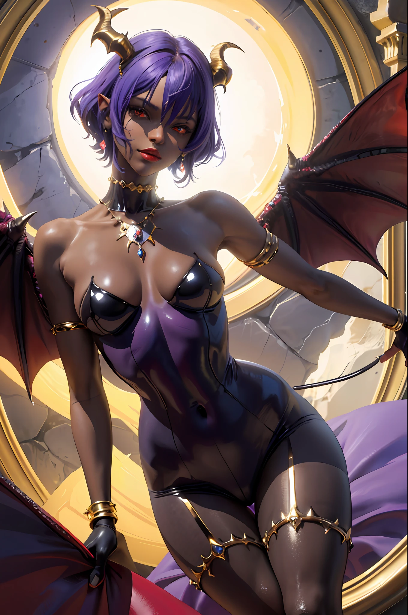 (masterpiece: 1.2, best quality), (1milf, solo), huge breasts, (Dynamic posture), (shiny skin, dark skin), demon girl, thin and lacy gloves, (small demonic horns:1.1), (Lilith\(Darkstalkers\)), (heaven), bangs, (jewelry, golden ornament:1.15), large pelvis, blue (pantyhose:1.1)