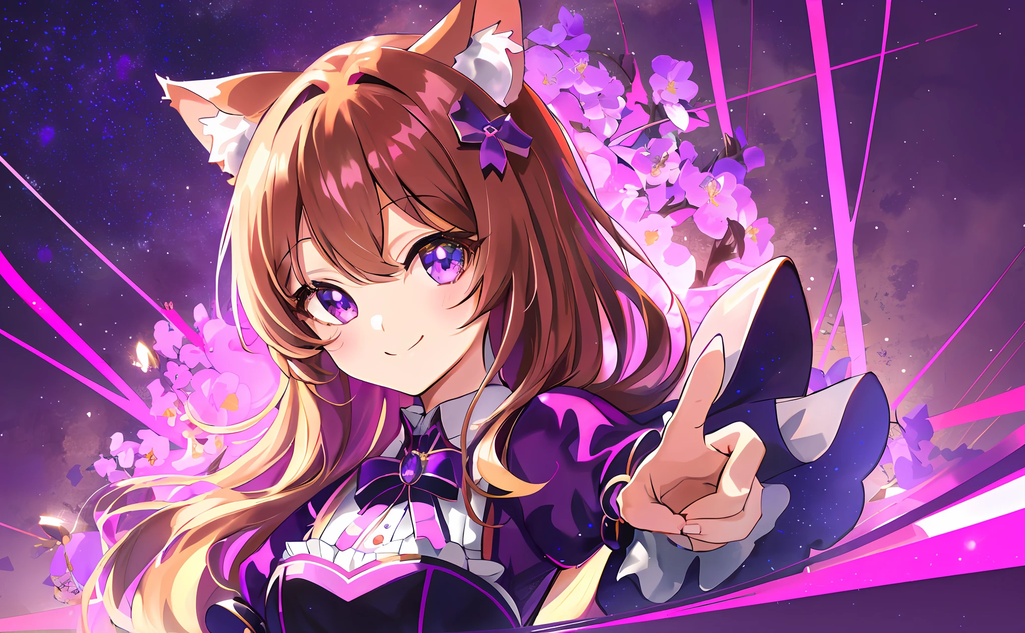 (Chibi Chibi: 1.3), Solo, full body, wearing shiny purple maid clothes, highly detailed face, (smile: 1.3), lively, (gravure pose: 1.4), beautiful detailed eyes, looking up, (eye to eye), light brown long hair, cat ears, neon, masterpiece, top quality, highly detailed 8k wallpaper