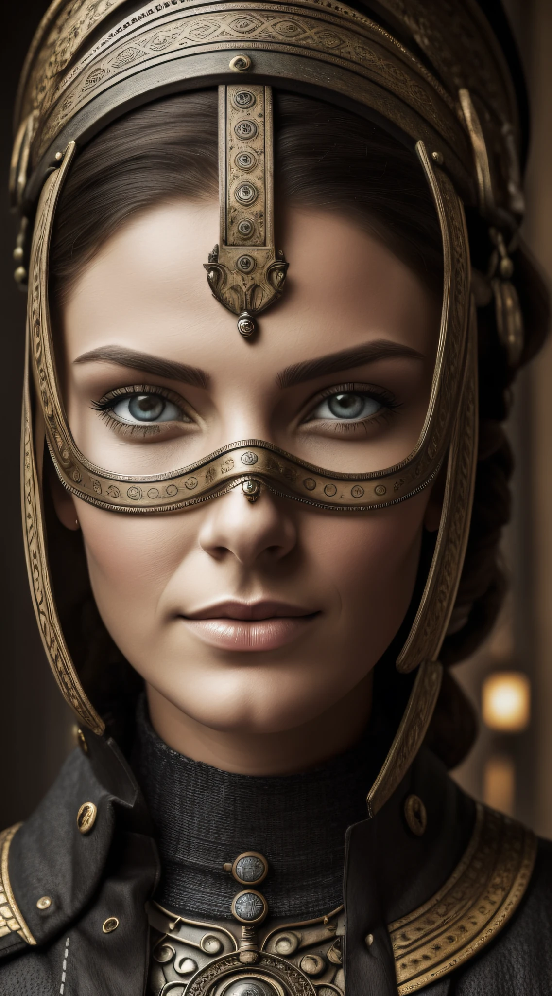 Portrait of the face a beautiful Nordic woman, frontal view, ((masterpiece)),((best quality)),((high detail)),((realistic,)) Industrial-age city, deep gorges in the middle, architectural streets, bazaars, bridges, rainy days, steampunk, European architecture