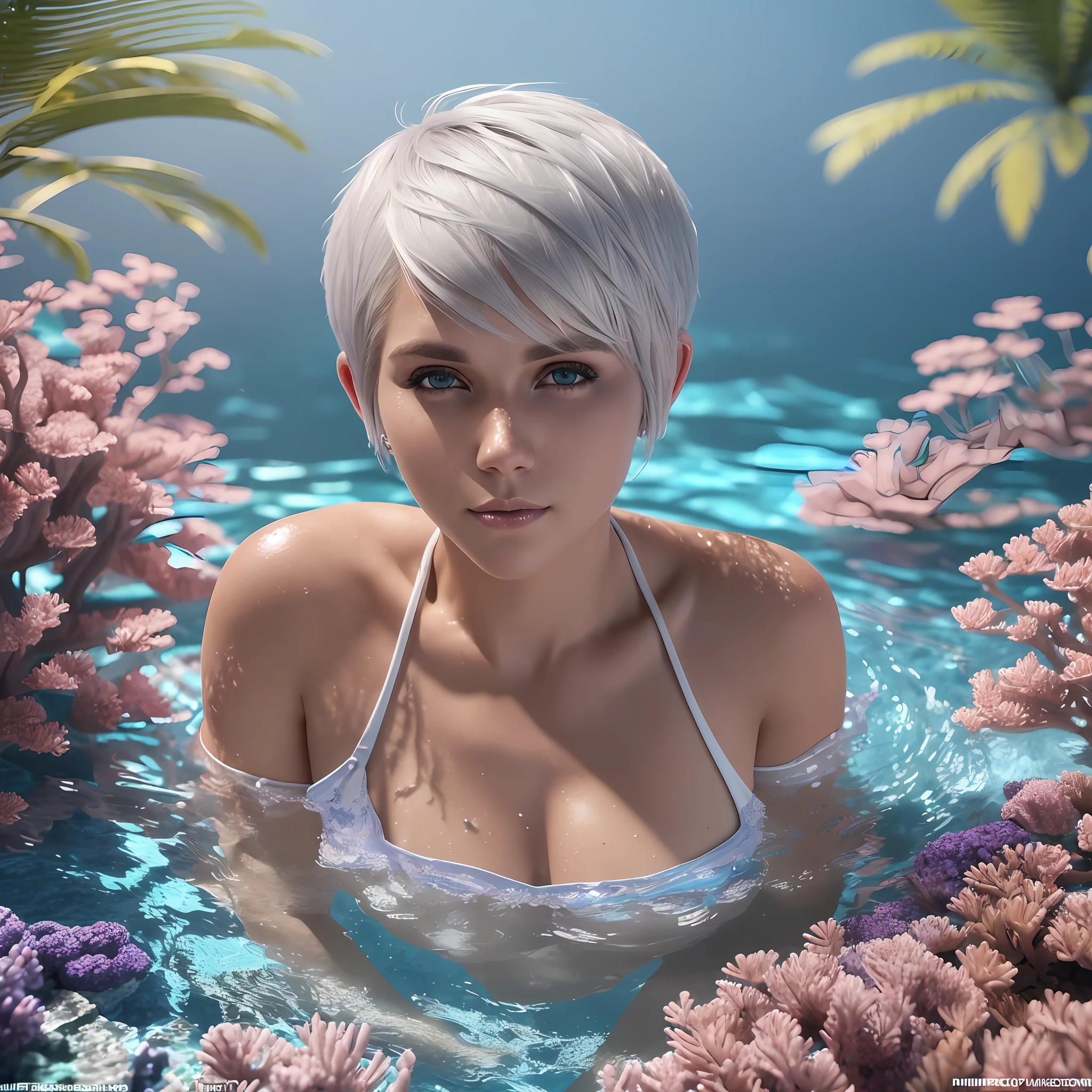 (((sfw))), beautiful white swedish blonde woman a free diver swimming in a colorful coral reef.. 25 years old, platinum hair, short hair, (((pixie cut))), devil smile, azure eyes, big ass, sexy abs, (masterpiece:1.2) (photorealistic:1.2) (bokeh) (best quality) (intricate details) (8k) (high poly) (ray tracing) (cinematic lighting) (sharp focus) (detailed face) (detailed pupils)