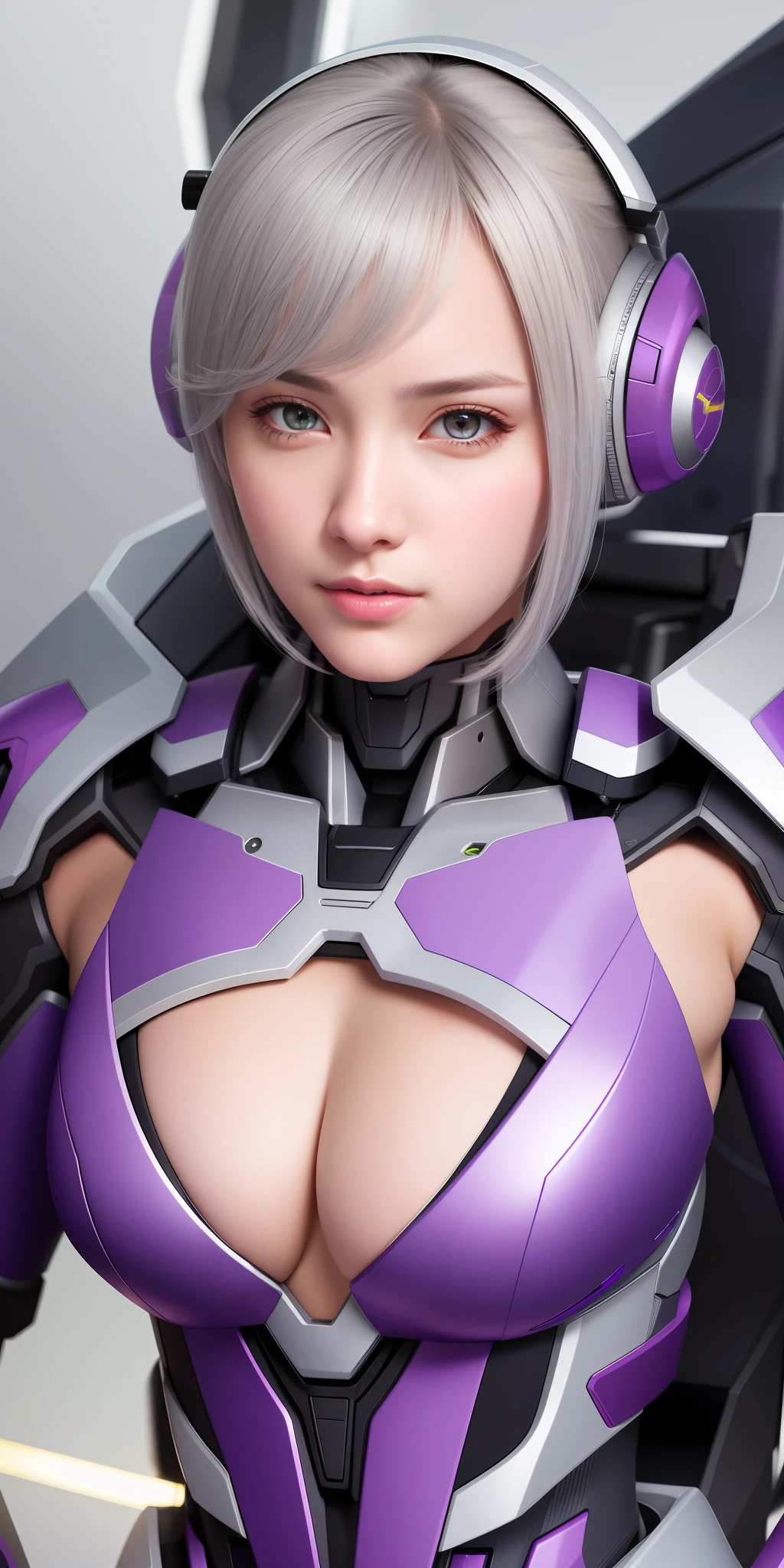 Realistic, girl single, gray hair, purple eyes, shining eyes, mech suit, sexy mecha, metallic, intricate details, detailed neon, bust accentuation parts, cleavage skin, big, parted lips,