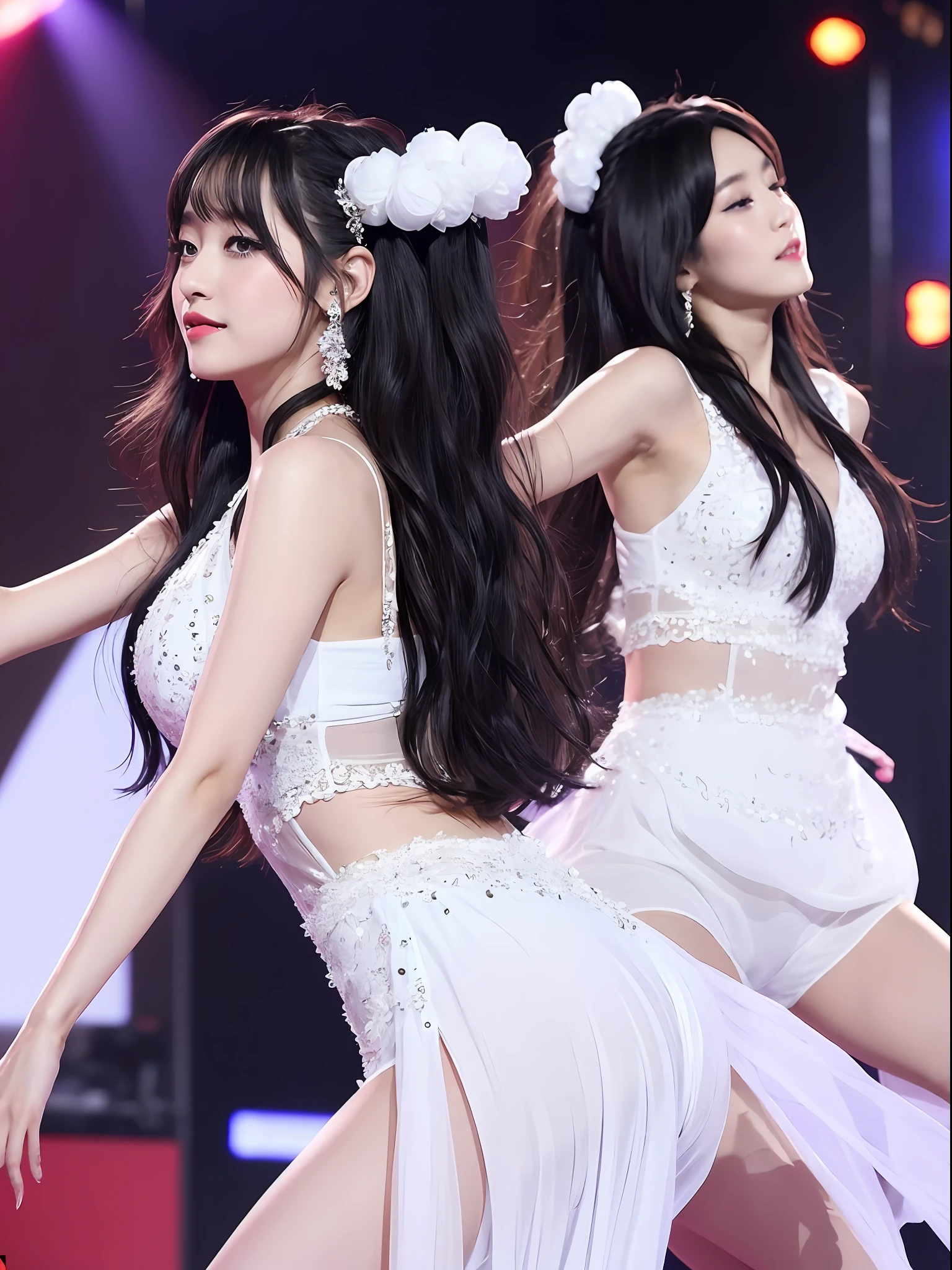 Japanese girl cheeky idol white dress and spectacular and elegant beautiful long hair decorated elegantly and tenderly and smooth black and black eyes day on stage looks so spectacular